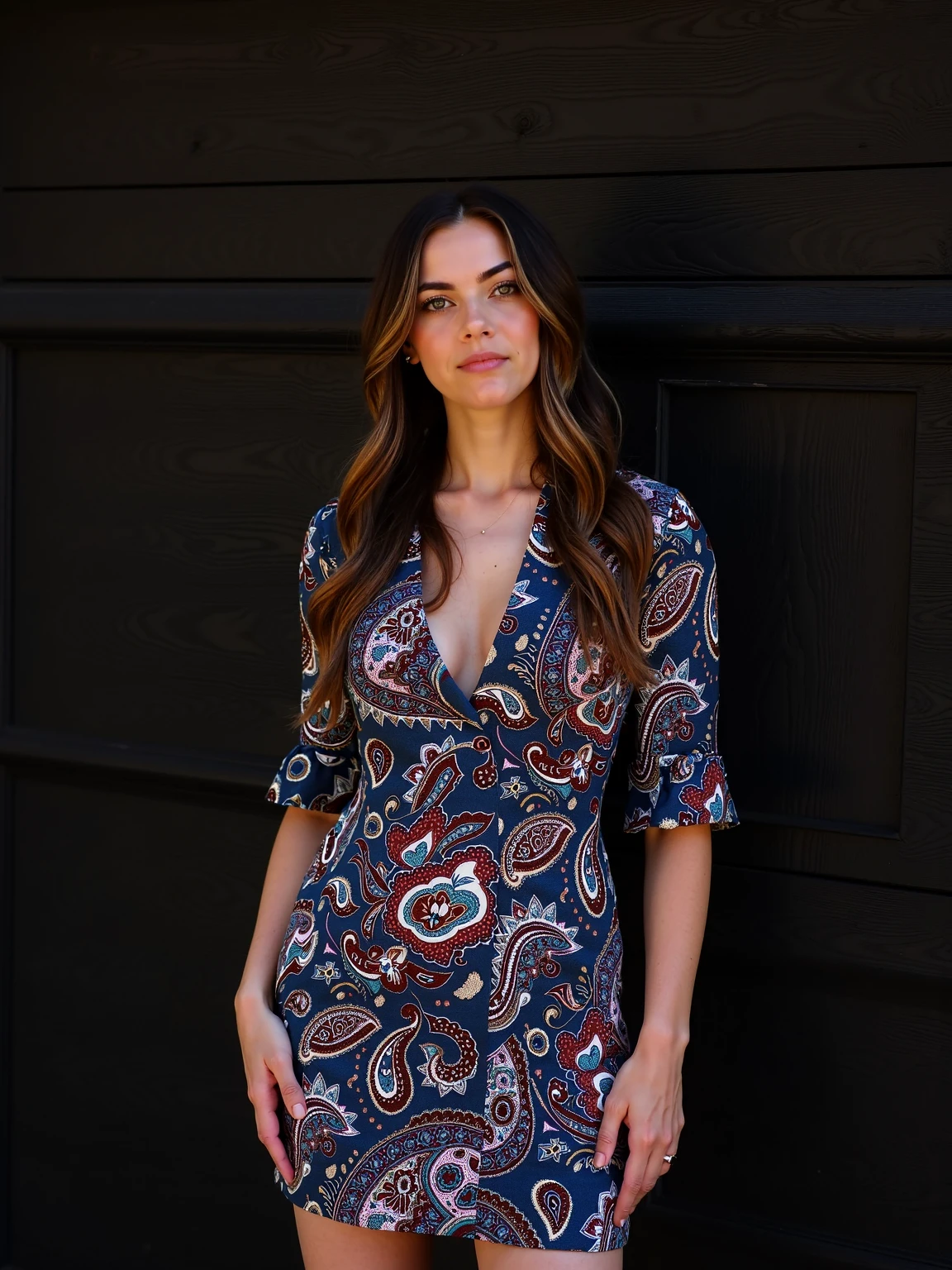 realistic photo of a beautiful tiktoker influencer, she wears a paisley pattern dress, standing in front of a dark wooden wall, three quarters portrait
 The geometric composition creates a rhythmic flow, black dropback. Many tear shaped motif, tilt shift