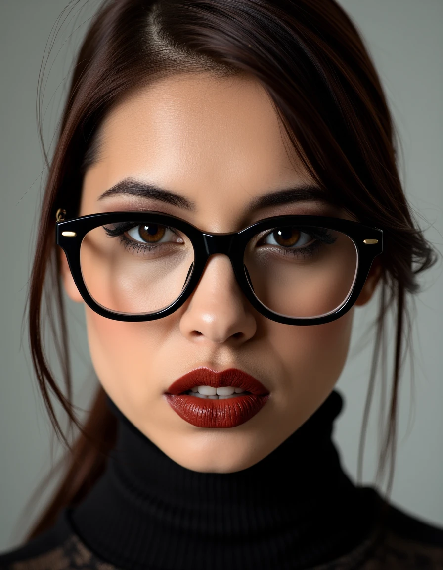 A striking portrait of a fierce woman with piercing eyes and bold, direct eye contact. She wears natural-looking brick-red lipstick and large, avant-garde glasses. The composition embodies a high-fashion editorial aesthetic, blending ethereal beauty with dramatic shadows and luxurious fashion details. The zoomed-out perspective places the subject in 30% of the frame, leaving ample negative space around her head for a modern, minimalist feel. The subtle 3D effect enhances the visual depth, creating a captivating and dynamic image.