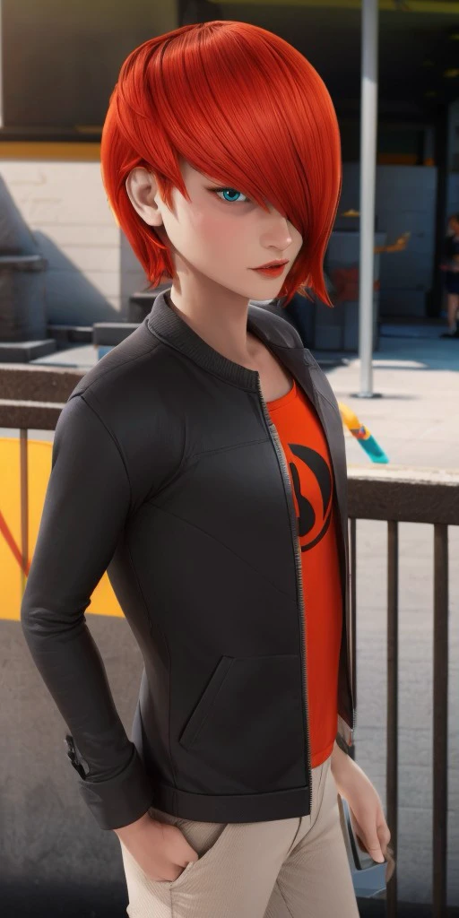 Hyperrealistic, photorealistic, super detailed, dark gray jacket with a folded collar, red orange t-shirt with a black logo under jacket, (1boy), skin colored lips, face length red-orange hair, long bangs that are brushed to the left side of his face, turquoise eyes, body like in real life, large pores, fairly short, unreal engine, octane render, droped shadow, bokeh, cinematic lighting, <lora:add_detail:0.5>, <lora:Volumetric_lighting:0.6>, Nathaniel Kurtzberg, , <lora:e43a4728-1103-40e5-b9a0-088f7dd6a72b:0.7>