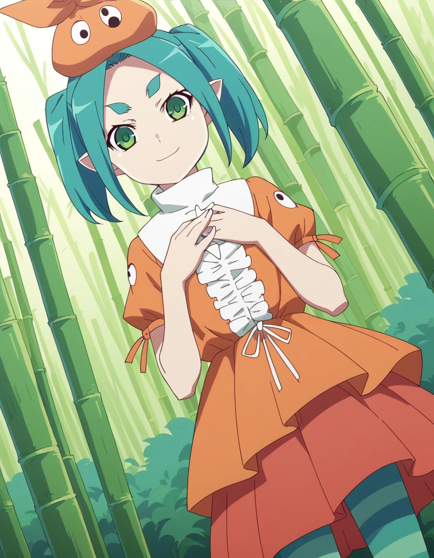 score_9, score_8_up, score_7_up, source_anime, <lora:yotsugi-ononoki-offmonster-ponyxl-lora-nochekaiser:1>, yotsugi ononoki, short hair, twintails, green eyes, pointy ears, aqua hair, thick eyebrows, anime screencap, hat, dress, pantyhose, striped, striped pantyhose, orange dress, center frills, bamboo forest, bamboo, trees, dense, wildlife, smile, hands on own chest,, looking at viewer, solo,, dutch angle, cowboy shot