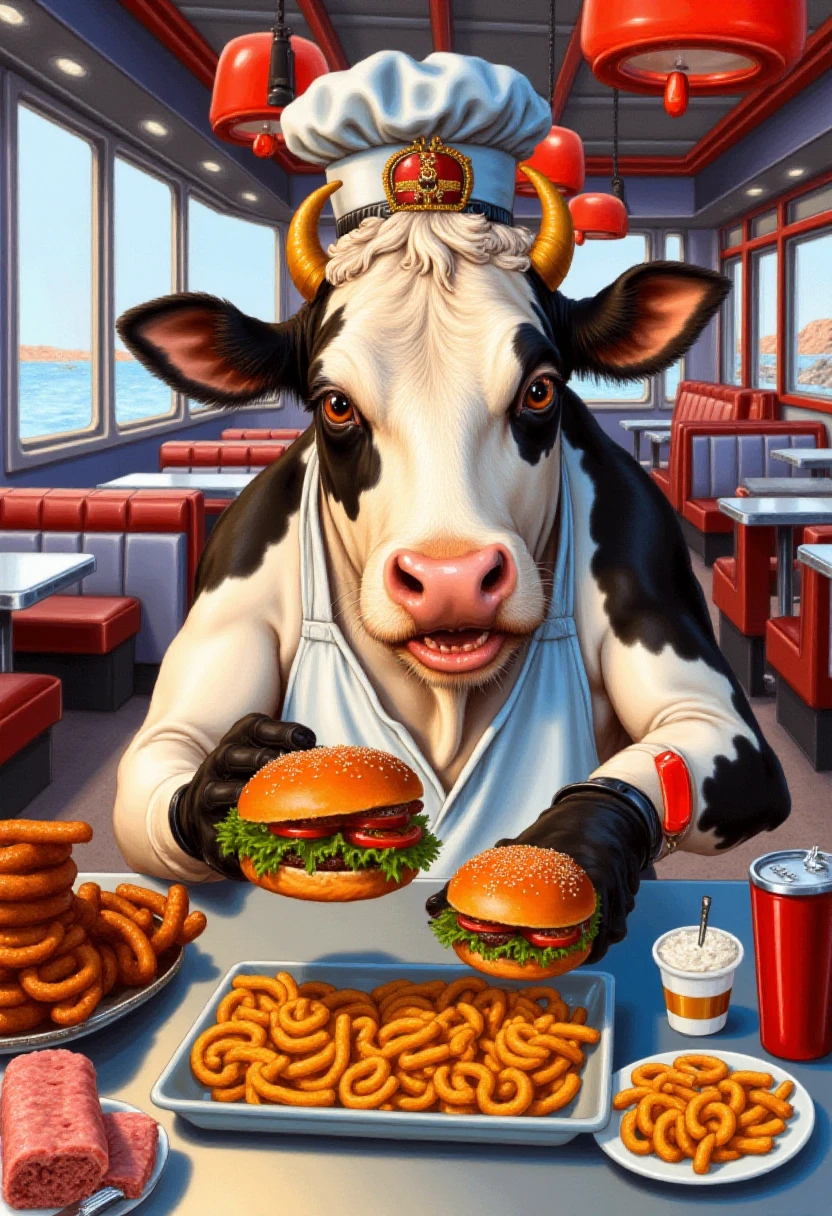 <lora:Sierra_Adventure_Games_VGA_Style_FLUX-Caption:0.9>
The image is a highly detailed, dramatic, and vividly colored drawing depicting  A cow serving burgers in a retro-style diner.