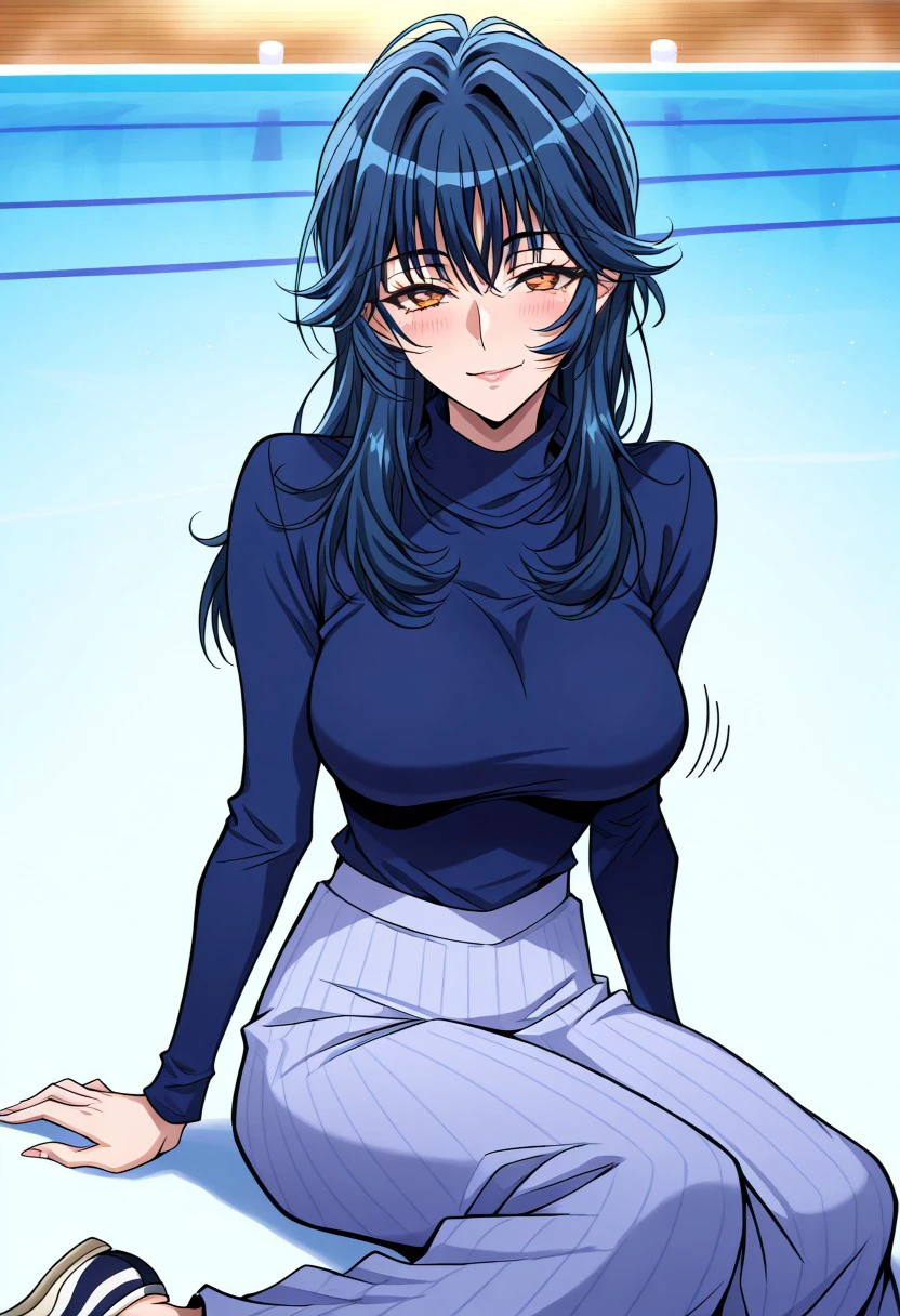 masterpiece, best quality, newest, highres, uncensored, 1girl, yokota mamoru style,1girl, slender face，motion lines,torogao,looking at the viewer,seductive smile,blush
Takeda Yukie,Blue Hair,Long Hair,Big Breasts,Amber Eyes,Slim,Slender Face,
Skating rink, sitting on the ground, wearing a blue sweater and a long skirt，1girl，solo,Takeda Yukie,Blue Hair,Long Hair,Big Breasts,Amber Eyes,Slim,Slender Face