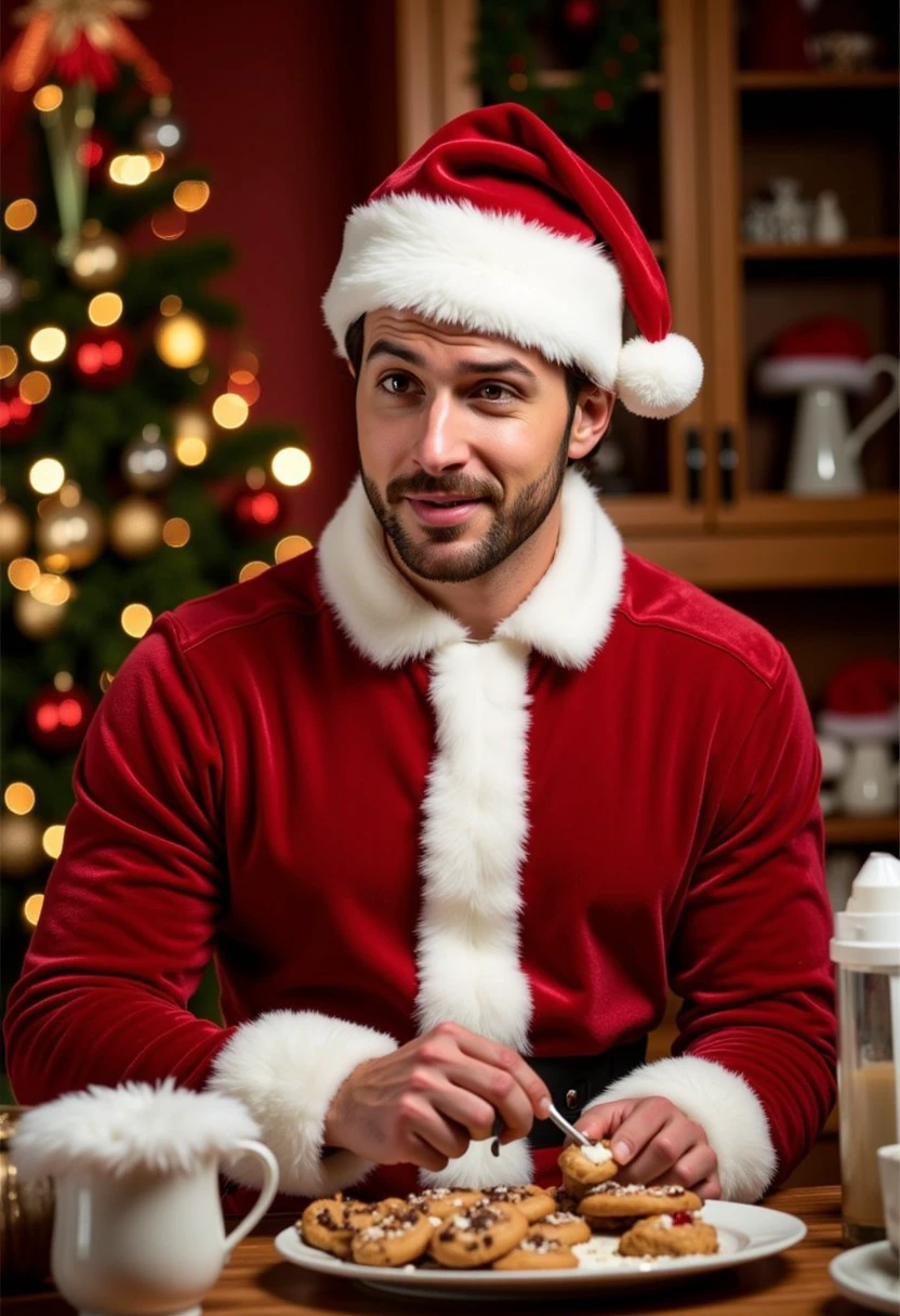 Saturday Night Live Television Comedian, Wearing a Santa Hat, studio photography, christmas theme, indoors, christmas tree, christmas baking, cookies, warm themes of smells eminiating from the kitchen