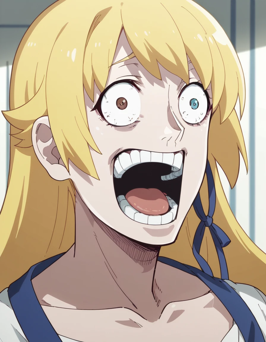 score_9, score_8_up, score_7_up, source_anime, <lora:shinobu-oshino-offmonster-ponyxl-lora-nochekaiser:1>, shinobu oshino, long hair, blonde hair, anime screencap, blue eyes, shirt, ribbon, brown eyes, collarbone, hair ribbon, open clothes, open shirt, heterochromia, blue ribbon, mature female, large breasts,, hangar, planes, large, storage, aviation, smile, <lora:enel-face-ponyxl-lora-nochekaiser:1> enel face, open mouth, wide-eyed, teeth, tongue,, looking at viewer, solo,, dutch angle, cowboy shot