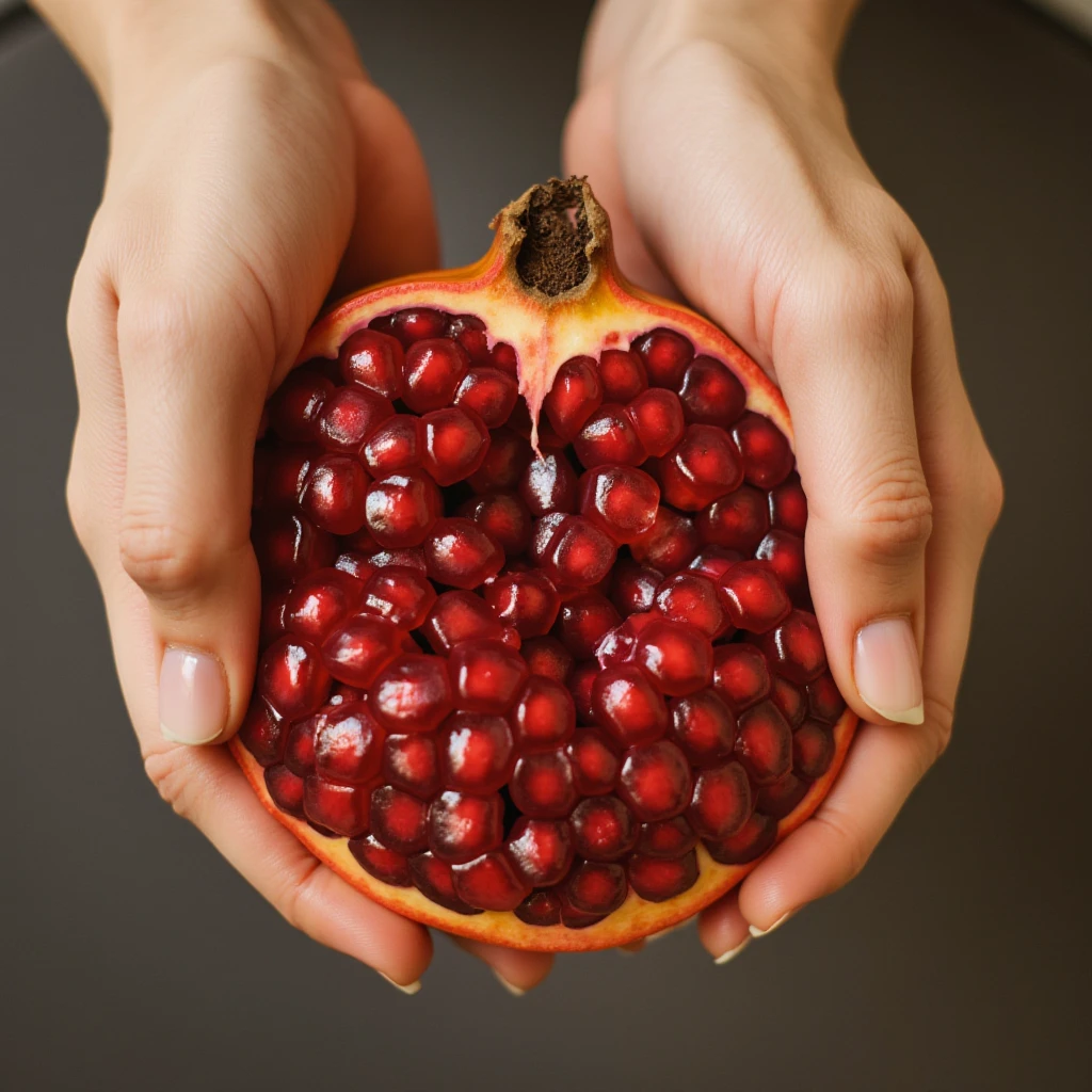 pomegranate, . this is a high-resolution photograph featuring a close-up of a person's hands holding a halved pomegranate. the pomegrante is positioned centrally in the frame, with its juicy, ruby-red arils prominently displayed. the person's skin tone is light, and their hands are gently cradling the fruit, emphasizing its natural beauty and freshness. the background is blurred, focusing attention on the pomegrant and hands, and is likely a neutral or dark color, enhancing the vividness of the pomergranate's vibrant hues. the texture of the arils is smooth and glossy, contrasting with the rough, slightly bumpy exterior of the fruit. the hands are adorned with natural, unpolished nails, adding a touch of simplicity and natural elegance to the image's composition. the overall mood of the photograph is serene and intimate, highlighting the beauty and simplicity of the subject.