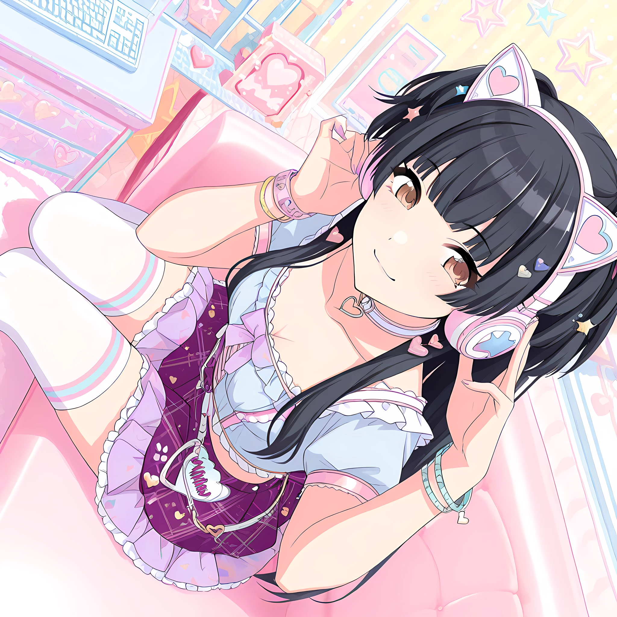 mayuzumi_fuyuko, 1girl, cat ear headphones, animal ear headphones, headphones, solo, black hair, thighhighs, fake animal ears, smile, long hair, skirt, looking at viewer, animal ears, bangs, white thighhighs, star (symbol), choker, purple skirt, jewelry, hair ornament, brown eyes, heart, frills, cybercat <lora:MayuzumiFuyukoIllustXL:1>, (masterpiece),(best quality),(ultra-detailed),(best illustration),(best shadow),(absurdres),(detailed background),(very aesthetic),