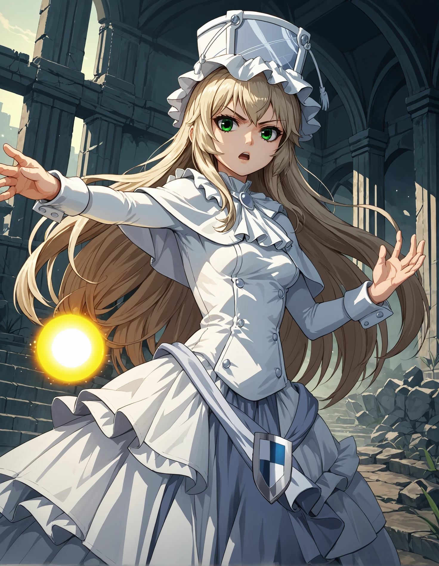 score_9, score_8_up, source_anime, 1girl, cowboy shot, detailed, dutch angle, pmmmorikomikuni, blonde hair, long hair, green eyes, white frilled hat, white ascot, white capelet, white dress, long sleeves, wrist cuffs, decorative skirt shield, dynamic pose, hands up, (white floating glowing orbs), outdoors ruins, fog, evening, serious, fighting stands, hand outstretched, serious, mouth open, (side view:0.65),  <lora:pmmmorikomikuni_XL:0.9>