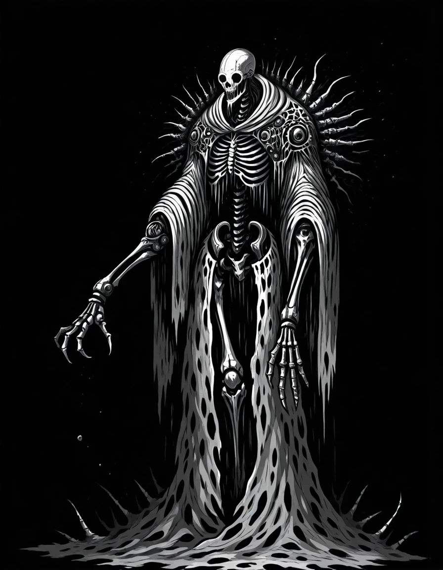 mm-style, monochrome, black background, (skeletal mage, cyborg monster ), mechanical arms,pipes and wires, tattered robes, horror, dark fantasy, full body, <lora:Monochrome_Monsters_IllustriousXL:0.8>