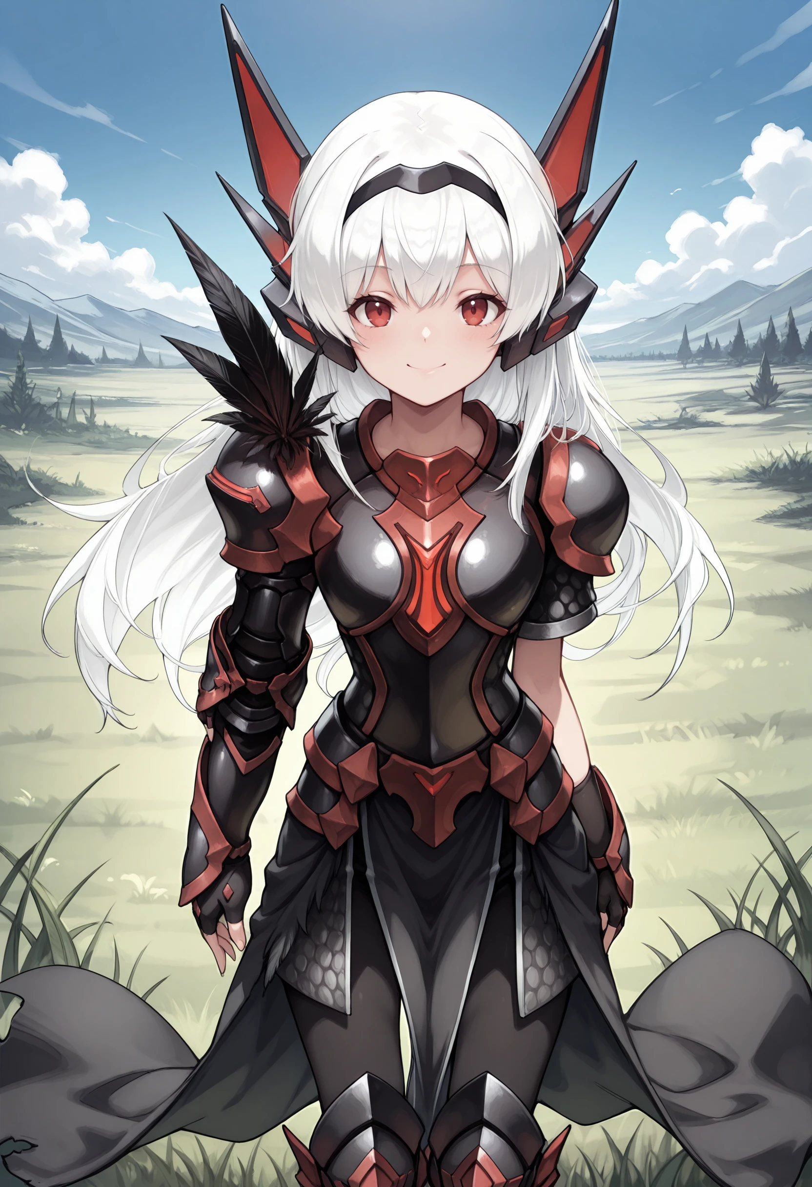 best quality, masterpiece \(quality\),
d4rkm3l, white hair, red eyes, black hairband, headgear, 
smile, closed mouth,
black armor, single feather pauldron, gauntlets, fingerless gloves, pelvic curtain, breastplate, leggings, armored boots,
1girl, 
standing, cowboy shot, looking at viewer, 
blue sky, grass,
<lora:faux-darkmel-mixed12-illu-came-rank128a64-lora:0.8>