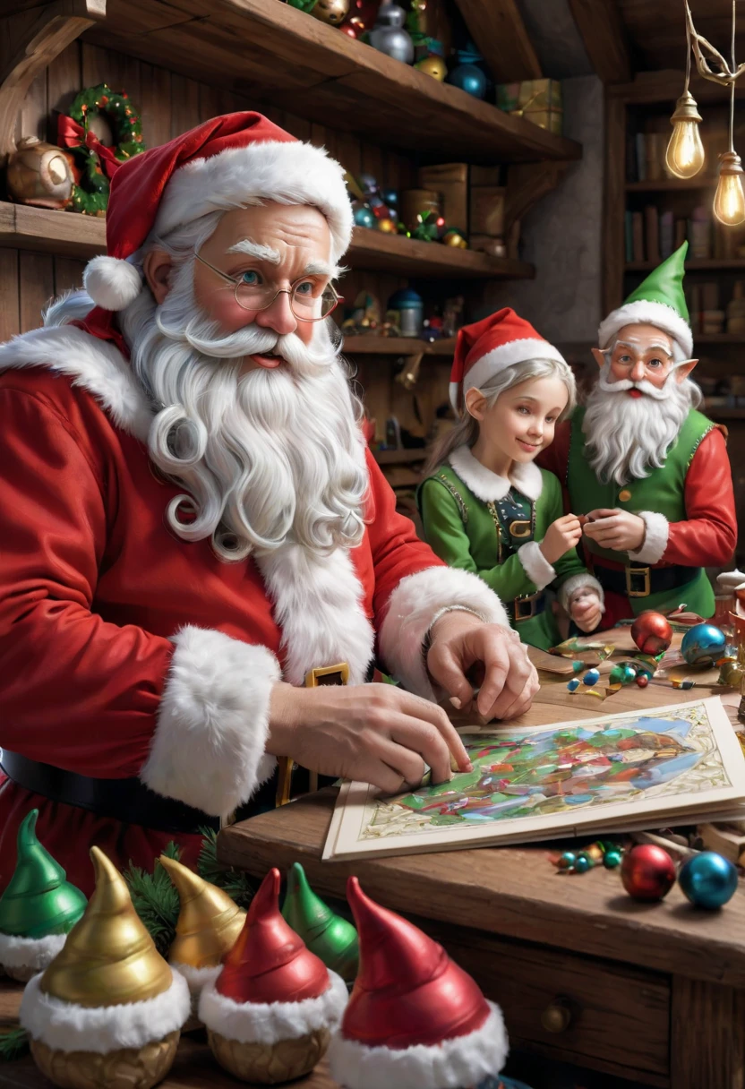 santafestivemood, portrait of Santa with elves working in the toy workshop, detailed storybook illustration, comic, anime, iridescent colors, highly detailed beautiful details, intricate and ornate, masterpiece, best quality, clean sharp outlines, extremely high contrast, (clean sharp focus:1.4), SFW