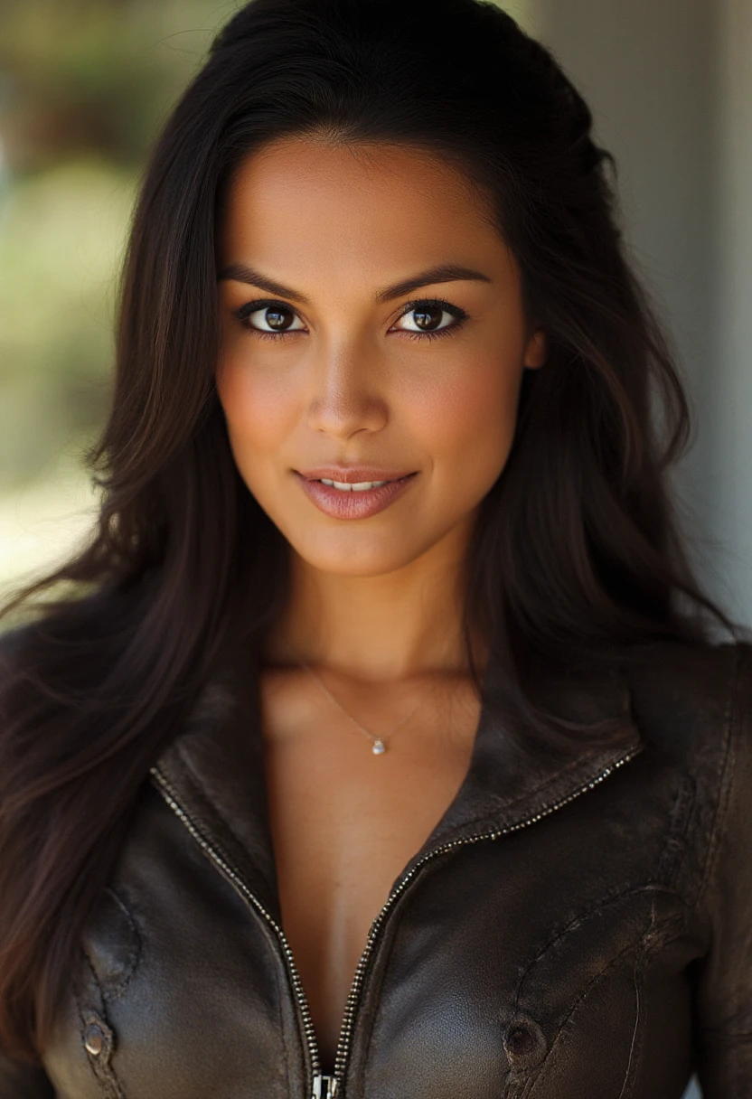 the image is a high-quality professional  close-up photograph of  beautiful raquelpomplun. She is wearing plugsuit. She is looking directly at the viewer and smiling. The background is war. This photo is a headshot. Shot with small amount of film grain. This is a SFW image. 