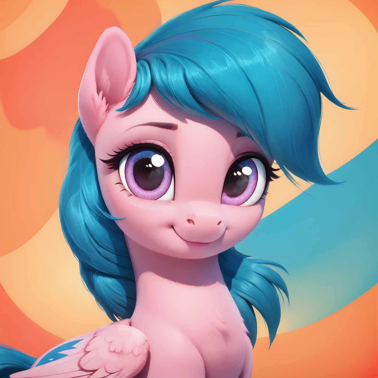 score_9, score_8_up, score_7_up, score_6_up, score_5_up,with beautiful, detailed, (detailed cute pony face), detailed eyes, detailed fur, beautiful, vector, flat colors, (abstract background: 1.8), (looking at you, looking at viewer: 1.5), cute smile, happy, ((close-up)),    <lora:G1__Firefly:1>G1 pony Firefly,pink pegasus with blue mane and tail. Pegasus has big eyes with expressive eyelashes and a smile on his face. A symbol in the form of a blue lightning bolt is visible on its sides
<lora:Wholesome_MLP-v1.2:1>  <lora:3D_Animation_Diffusion_Pony_style:1>