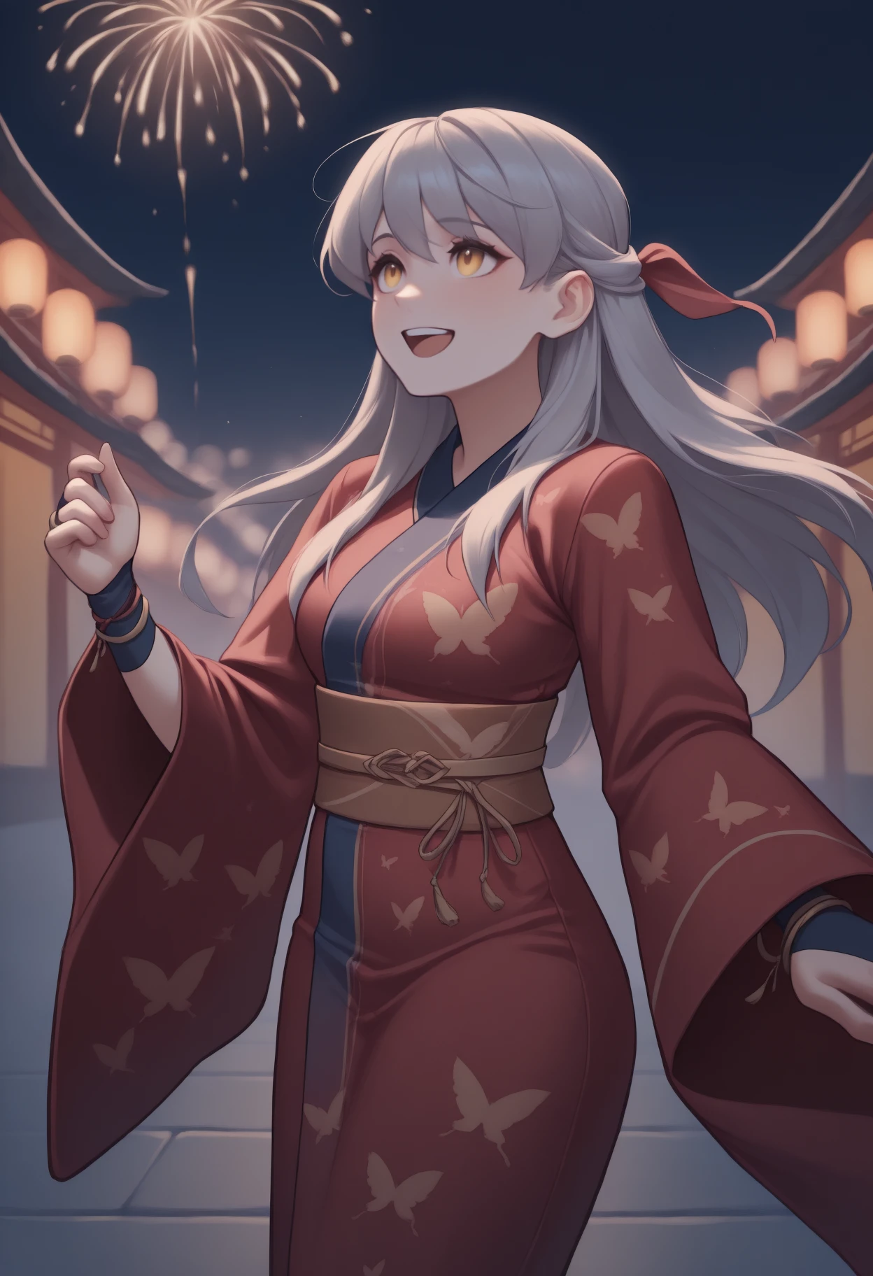 anime, masterpiece, best quality, solo, 1girl, mchkimn, :d, upper teeth only, looking up, standing, long hair, grey hair, half updo, hair ribbon, yellow eyes, japanese clothes, yukata, red kimono, print kimono, butterfly print, long sleeves, wide sleeves, brown sash, obi, bridal gauntlets, bracelet, outdoors, night, east asian architecture, fireworks
<segment:yolo-Anzhc Face seg 640 v2 y8n.pt,0.4,0.5//cid=1>