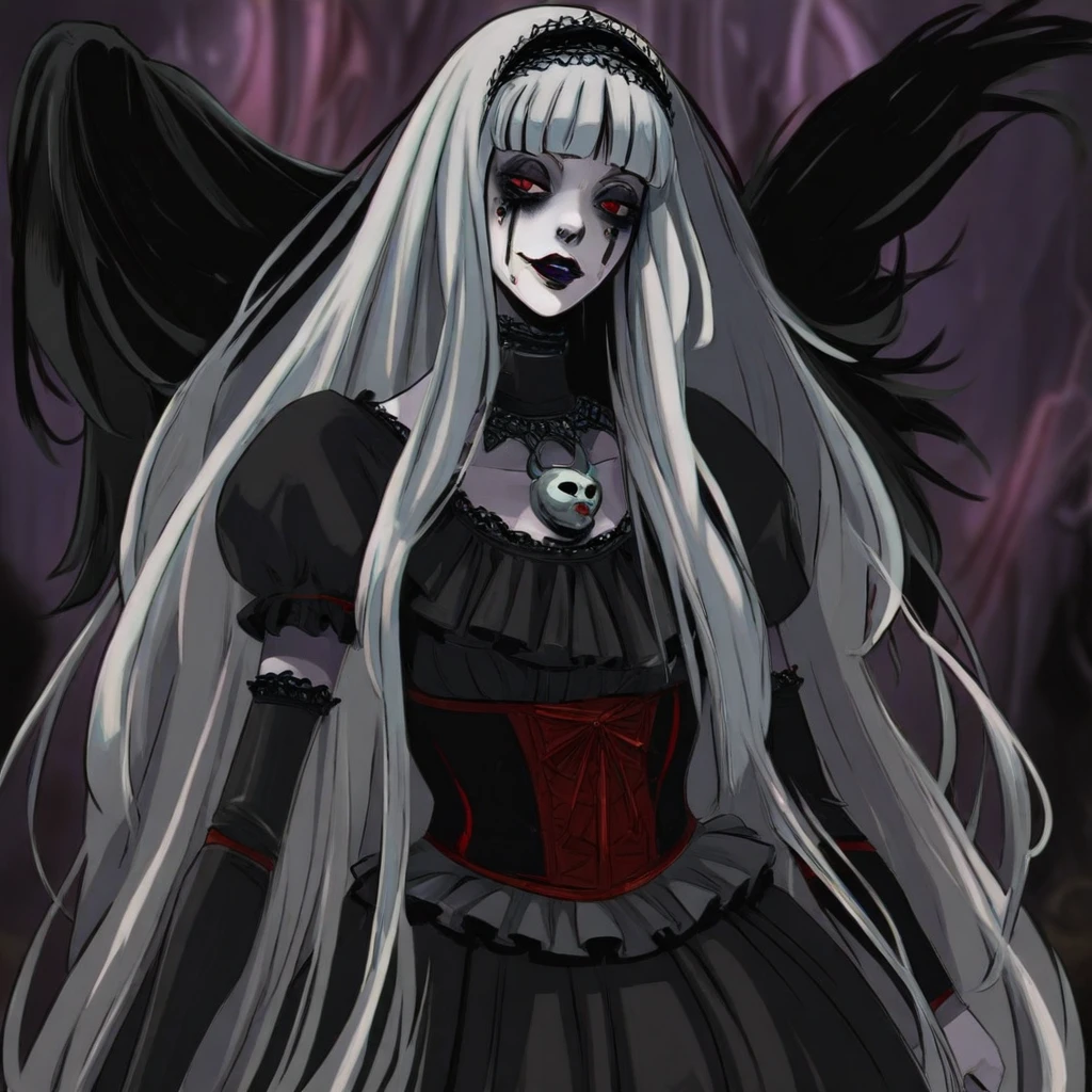 HadesCharacterArtstyle-IL-V1.0 best quality, masterpiece, 1girl, goth girl, gothic, makeup, runny makeup, white hair, long hair,