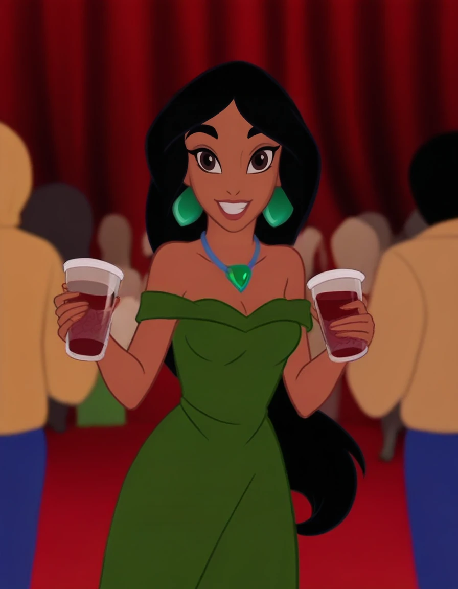 princess-jasmine, at party, loose hair, green dress, emerald earrings, green necklace, smiling, holding a red cup, crowd in background <lora:jasmine-fixed-64:1.2>