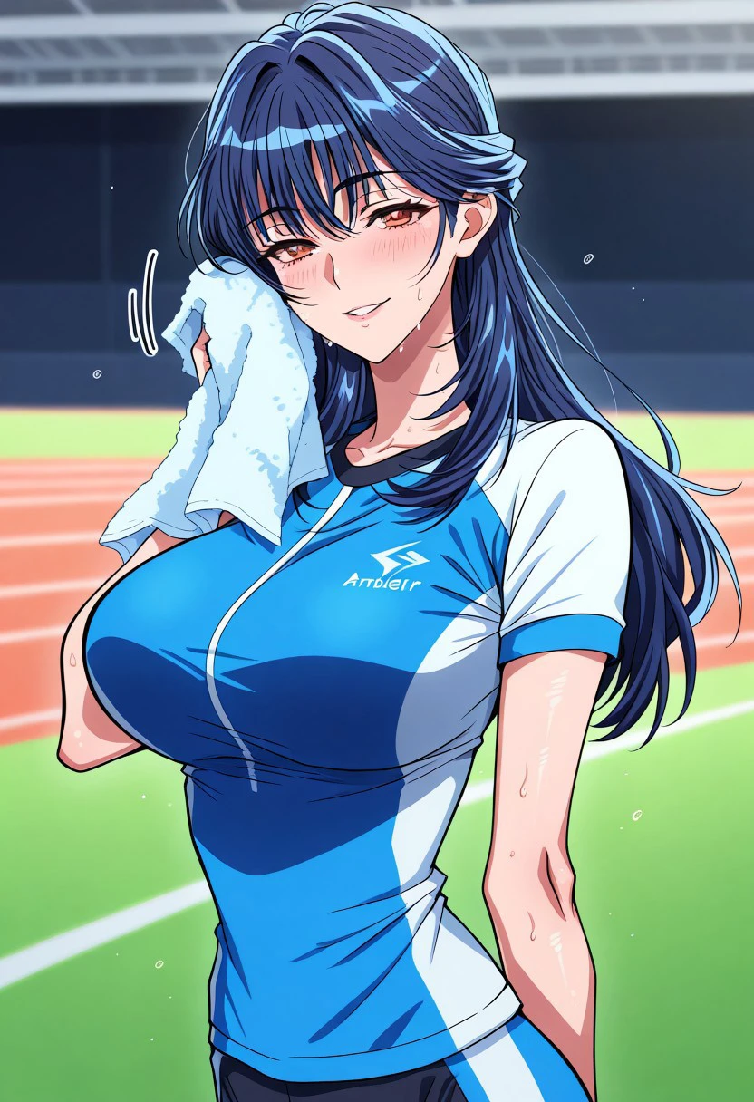 masterpiece, best quality, newest, highres, uncensored, 1girl, yokota mamoru style,1girl, slender face，motion lines,torogao,looking at the viewer,seductive smile,blush
Takeda Yukie,Blue Hair,Long Hair,Big Breasts,Amber Eyes,Slim,Slender Face,
Sportswear, indoor sports field, hair tie, wipe sweat with a towel，1girl，solo,Takeda Yukie,Blue Hair,Long Hair,Big Breasts,Amber Eyes,Slim,Slender Face