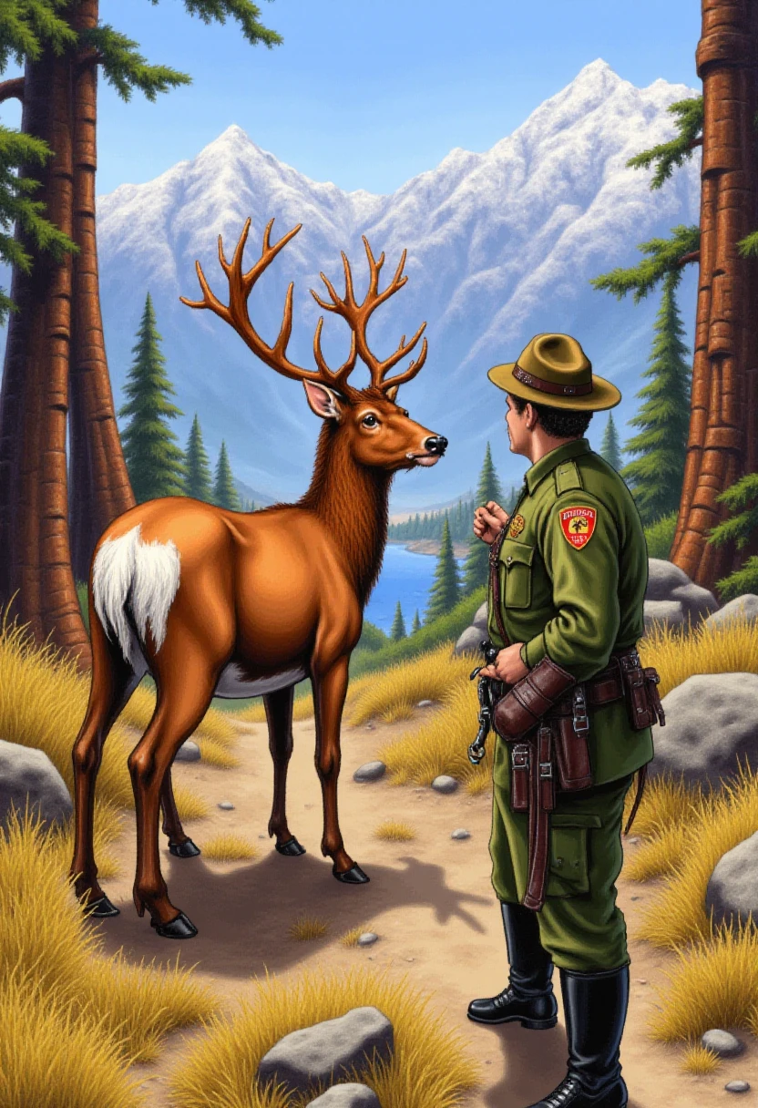 <lora:Sierra_Adventure_Games_VGA_Style_FLUX-Caption:0.9>
The image is a highly detailed, dramatic, and vividly colored drawing depicting  A deer as a park ranger giving a tour in a national park.