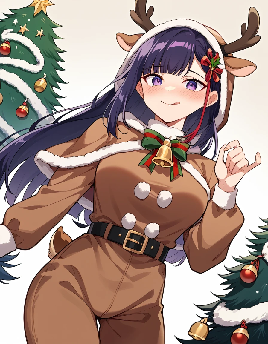 score_9, score_8_up, score_7_up, source_anime, <lora:ren-yamashiro-manga-ponyxl-lora-nochekaiser:1>, ren yamashiro, long hair, bangs, hair ornament, large breasts, black hair, purple eyes, purple hair,, <lora:reindeer-costume-ponyxl-lora-nochekaiser:1>, reindeer costume, animal costume, reindeer antlers, antlers, fake antlers, reindeer hood, christmas, red nose, deer ears, deer tail, christmas tree, bell, horns, reindeer,, blush, smile, tongue out, looking at viewer,, , dutch angle, cowboy shot