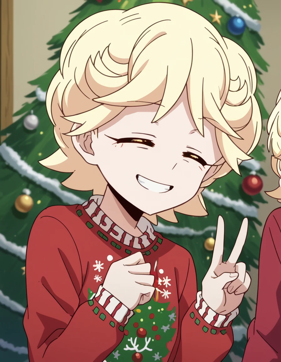 score_9, score_8_up, score_7_up, source_anime, <lora:michiru-inukai-s1-ponyxl-lora-nochekaiser:1>, michiru inukai, short hair, blonde hair, yellow eyes, anime screencap, <lora:christmas-sweater-ponyxl-lora-nochekaiser:1>, christmas sweater, christmas, ugly sweater, print sweater, red sweater, christmas tree, christmas ornaments, sweater, multicolored sweater, , v, smile, hands up, teeth, closed eyes, cowboy shot,, , dutch angle, cowboy shot