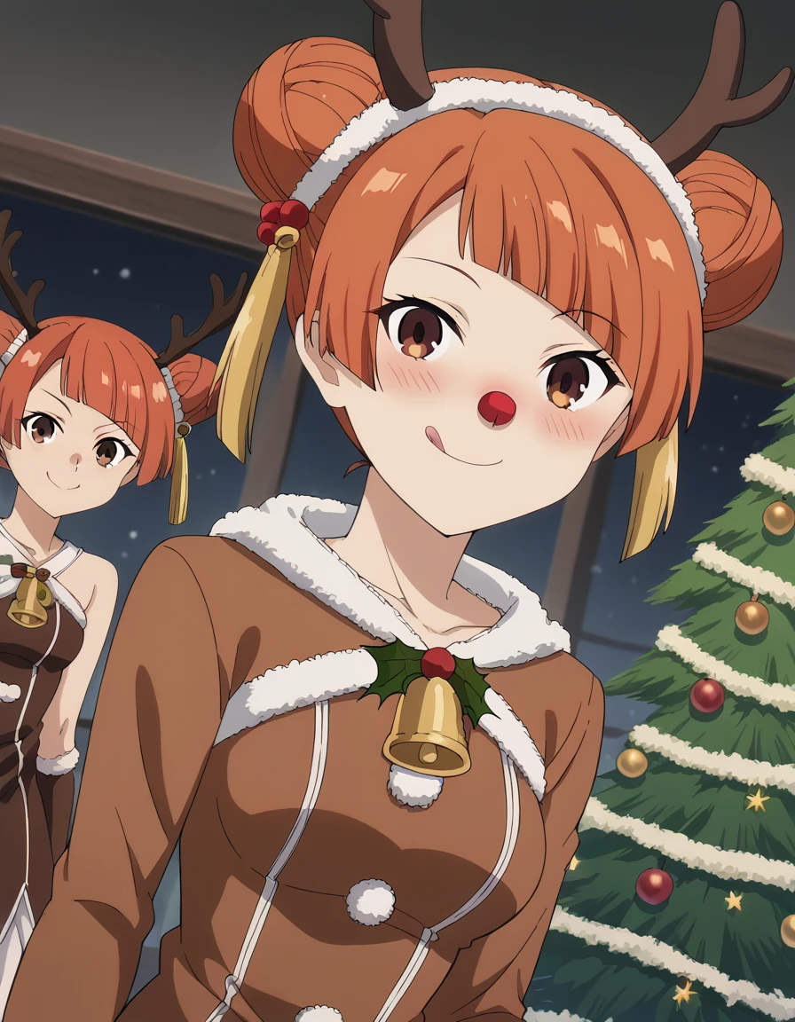 score_9, score_8_up, score_7_up, source_anime, <lora:laufen-s1-ponyxl-lora-nochekaiser:1>, laufen, hair bun, double bun, orange hair, brown eyes, hair ornament, medium breasts, anime screencap, <lora:reindeer-costume-ponyxl-lora-nochekaiser:1>, reindeer costume, animal costume, reindeer antlers, antlers, fake antlers, reindeer hood, christmas, red nose, deer ears, deer tail, christmas tree, bell, horns, reindeer,, blush, smile, tongue out, looking at viewer,, , dutch angle, cowboy shot