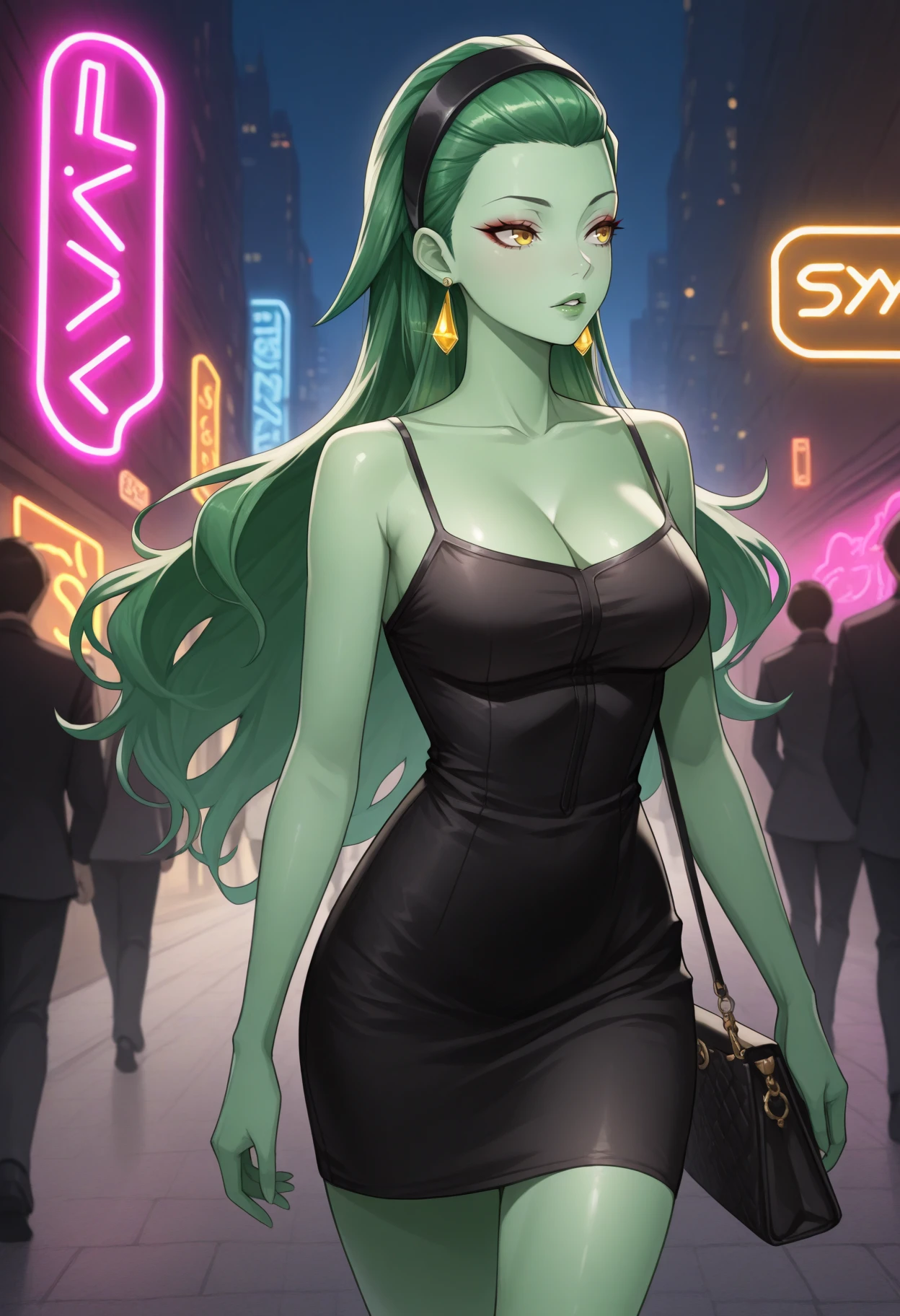 masterpiece, best quality, 1girl, parted lips, looking to the side, eyeshadow, walking, handbag, dangle earrings, <lora:SilkySMT-illu:1.0> slkSMT, green hair, long hair, hair pulled back, black hairband, green lips, green skin, yellow eyes, black pencil dress, short dress, spaghetti strap, cleavage, city, neon lights, night