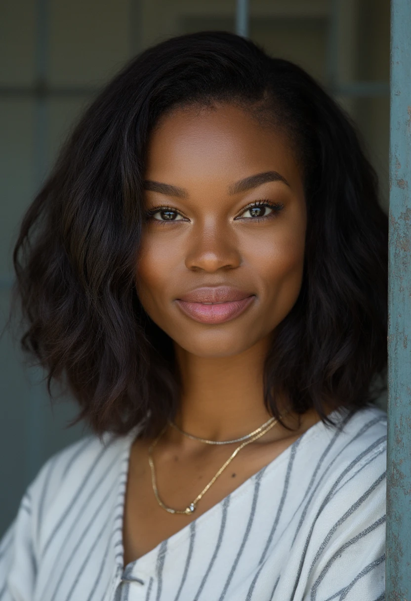 the image is a high-quality professional  close-up photograph of  beautiful eugenawashington. She is wearing baseball jersey. She is looking directly at the viewer and smiling. The background is prison. This photo is a headshot. Shot with small amount of film grain. This is a SFW image. 