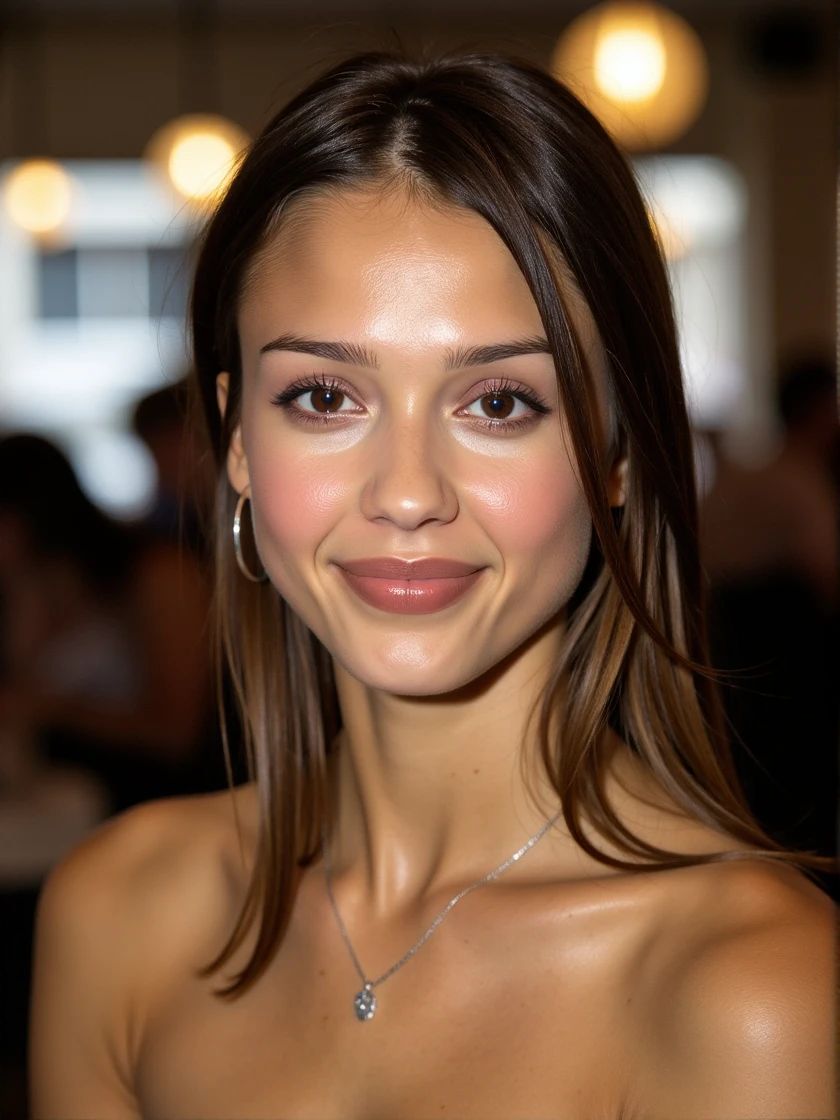 <lora:Jessica_Alba:1> woman, smiling, brown shoulder-length hair with blonde highlights, wearing a babydoll strapless dress, background is a restaurant, bokeh, backlighting, artificial lighting., looking directly at the viewer, looking directly at the camera, making eye contact, looking straight ahead, extreme close-up, zoomed, focus on face, centered, macro shot, face centered, focus on eyes, modest clothes, modest apparel, chest covered, modesty <lora:zz_s_Chest_Size_Slider:-2>, colorful lipstick, eye shadow, and eye liner that match outfit, blush, silver necklace, silver bracelets, silver rings, silver hoop earrings, silver hairclips