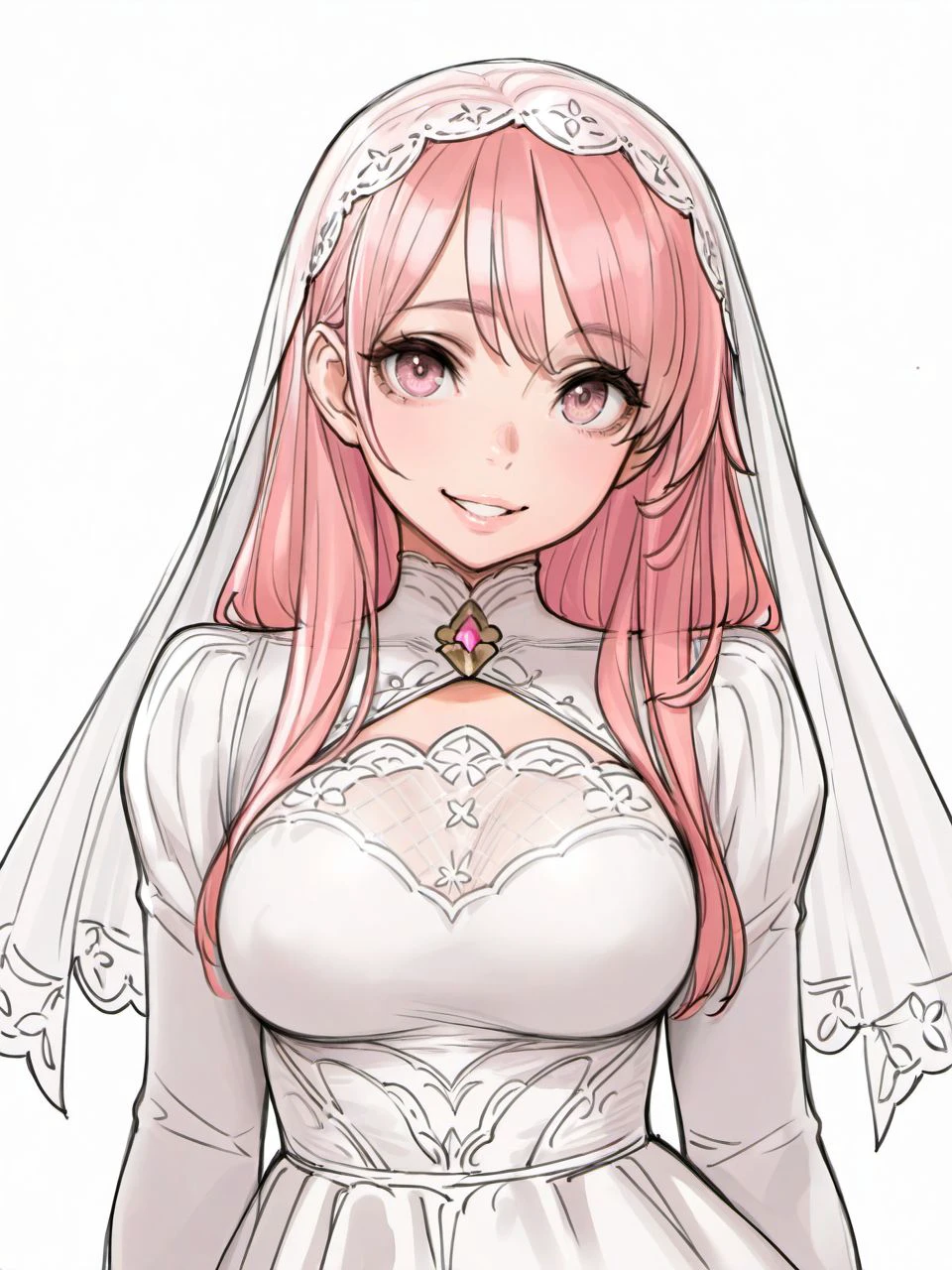 masterpiece, best quality, amazing quality, very aesthetic, high resolution, sketch,
kdmstyle, 1girl, solo, long hair, looking at viewer, smile, simple background, long sleeves, white background, dress, upper body, pink hair, parted lips, pink eyes, veil,
<lora:KDM_Card_Art_Style_v4_epoch_7:0.9>,