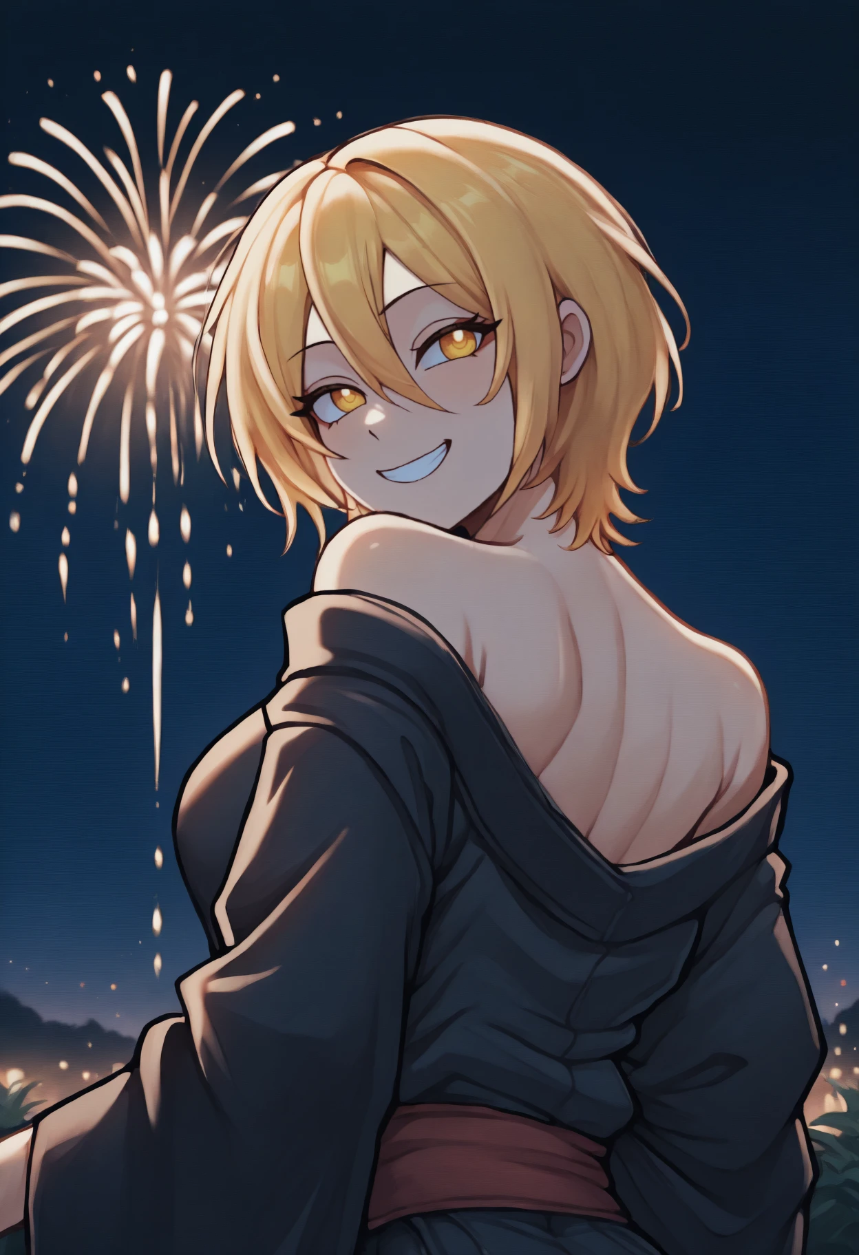 anime, masterpiece, best quality, solo, 1girl, d0nquix0tedef, grin, looking back, short hair, blonde hair, hair between eyes, yellow eyes, japanese clothes, black kimono, off shoulder, red sash, bare shoulders, outdoors, night, fireworks
<segment:yolo-Anzhc Face seg 640 v2 y8n.pt,0.4,0.5//cid=1>