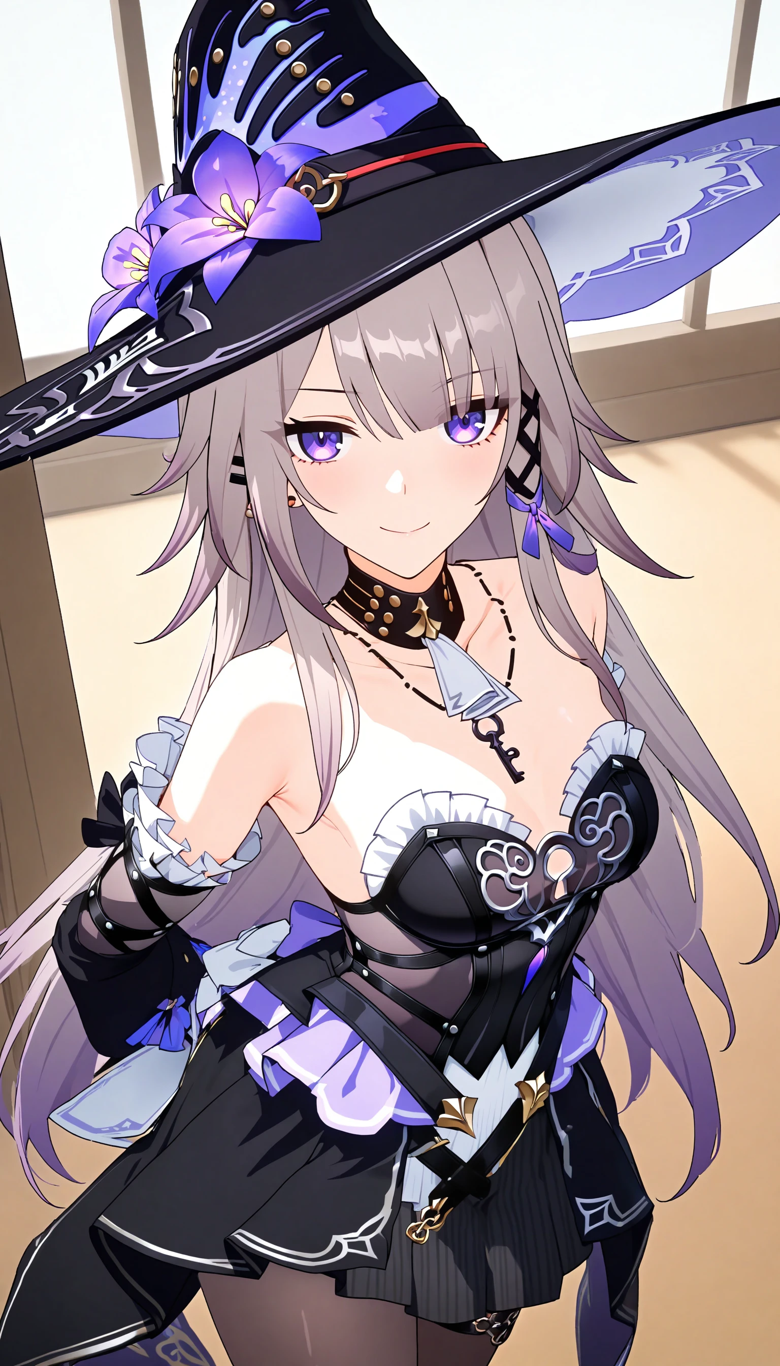 (best quality,8K, masterpiece：1.3),anime,The Herta, 1girl, young,solo,hat,purple eyes,closed mouth,long hair, detached sleeves, earrings,clevage,medium breasts,standing, key necklace,sexy,pantyhose,leg ring,nail polish,clevage,breasts,hands behind back,light smile