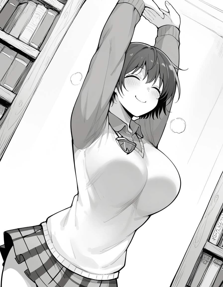 score_9, score_8_up, score_7_up, source_anime, <lora:tsubomi-haruno-manga-ponyxl-lora-nochekaiser:1>, tsubomi haruno, short hair, bright pupils, large breasts, monochrome, greyscale,, skirt, plaid, plaid skirt, sweater, long sleeves, shirt, white shirt, collared shirt,, bookstore, browsing shelves, new book smell, finding a favorite, quiet atmosphere, , <lora:cammy-stretch-ponyxl-lora-nochekaiser:1> cammy stretch, cammy stretch (meme), stretching, arms up, arched back, closed eyes, smile, cowboy shot,, looking at viewer, solo,, dutch angle, cowboy shot