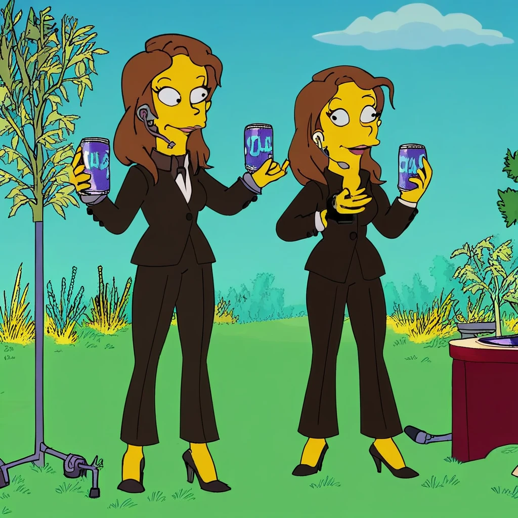 persephone odair from the simpsons, 1girl, yellow skin, high heels, potted plant, instrument, tree, formal, suit, earphones, cuffs, can, food, grass, parody, colored skin, cup, pants