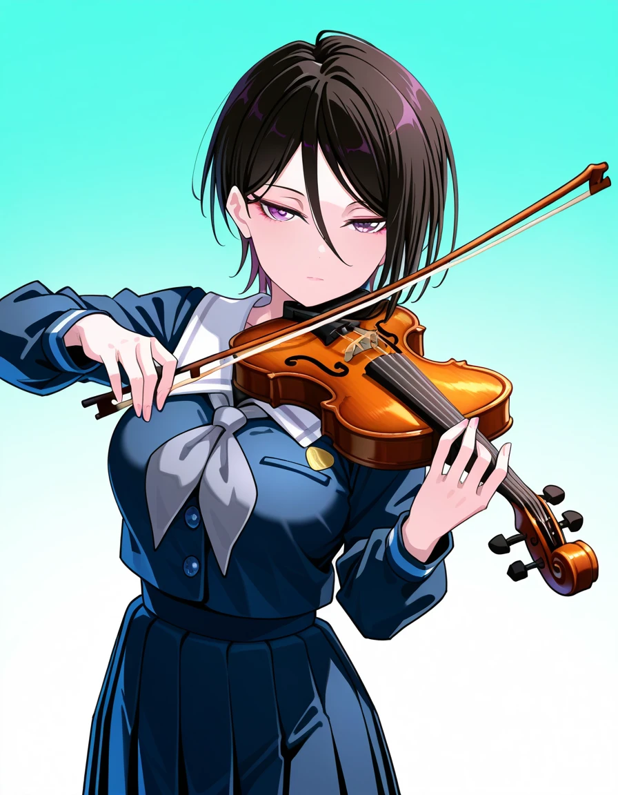 <lora:Morfonica_noobXL:1>, yashio rui, 1girl, tsukinomori school uniform, breasts, solo, blue serafuku, grey neckerchief, white sailor collar, looking at viewer, cowboy shot, playing instrument, violin, mature female, expressionless, light aqua background, white background, gradient background, (yoneyama mai:0.4), (fkey:0.3),, very awa, masterpiece, best quality, highres, absurdres, newest,