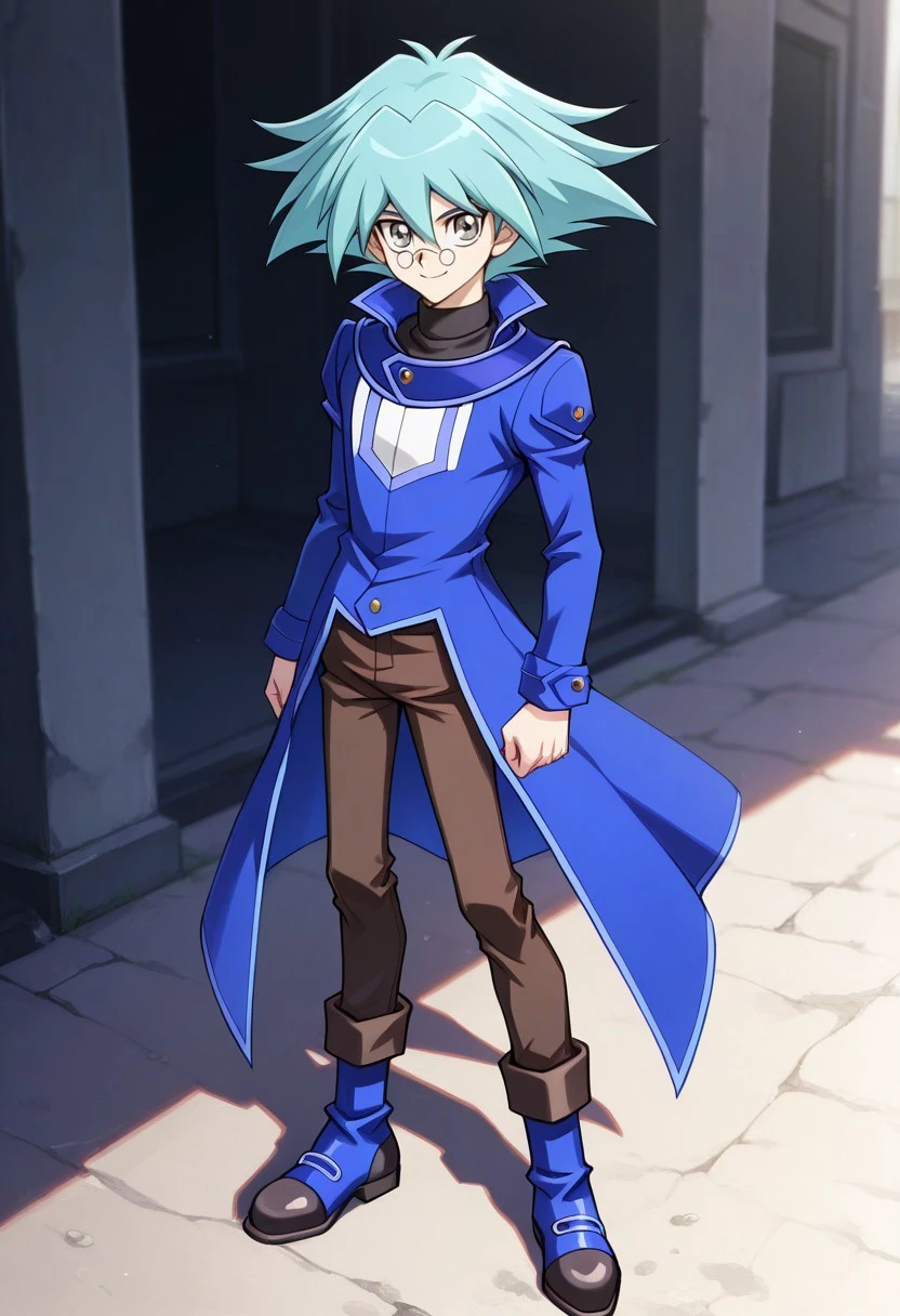 masterpiece, best quality, 

ShoMarufuji, 
1boy, male focus, solo, grey eyes, glasses, round eyewear, pince-nez, aqua hair, spiked hair, hair between eyes, duel academy uniform (yu-gi-oh! gx), shirt, black shirt, turtleneck, coat, blue coat, long sleeves, pants, brown pants, boots, blue footwear, smile

outdoor, 