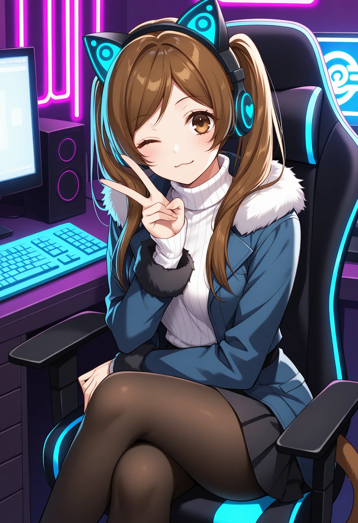 masterpiece, best quality,1girl,solo, looking at viewer, <lora:m_nanami-000008:1>, m_nanami, brown hair, brown eyes,long hair, 
cat tail, :3, looking at viewer, sitting, gaming chair, crossed legs, v, twintails, animal ear headphones, one eye closed, blue coat, fur-trimmed coat, open coat, long sleeves, fur-trimmed sleeves, white sweater, ribbed sweater, turtleneck, black skirt, pleated skirt, black pantyhose, indoors, bedroom, neon lights, computer, computer keyboard,