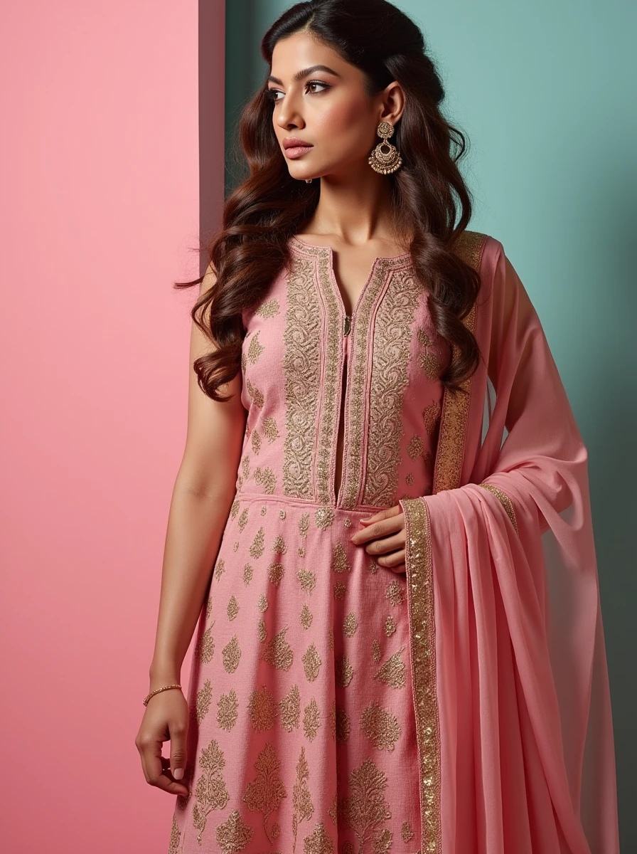 headshot photo of Gauhar Khan woman,hyper realistic candid photo  serious,studio quality, wearing intricate conservative sleeveless Rose Palazzo Suit, curls, pastel shaded multicolored background, cinematic lighting<lora:TestBed\Gauhar_Khan_Flux_Kohya_LoRA_v1.safetensors:1.0:1.0>