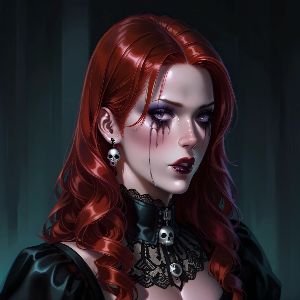 SabudenegoRealisticMixV1.0IL, semi-realistic masterpiece, best quality, 1girl, goth girl, gothic, makeup, runny makeup, red hair