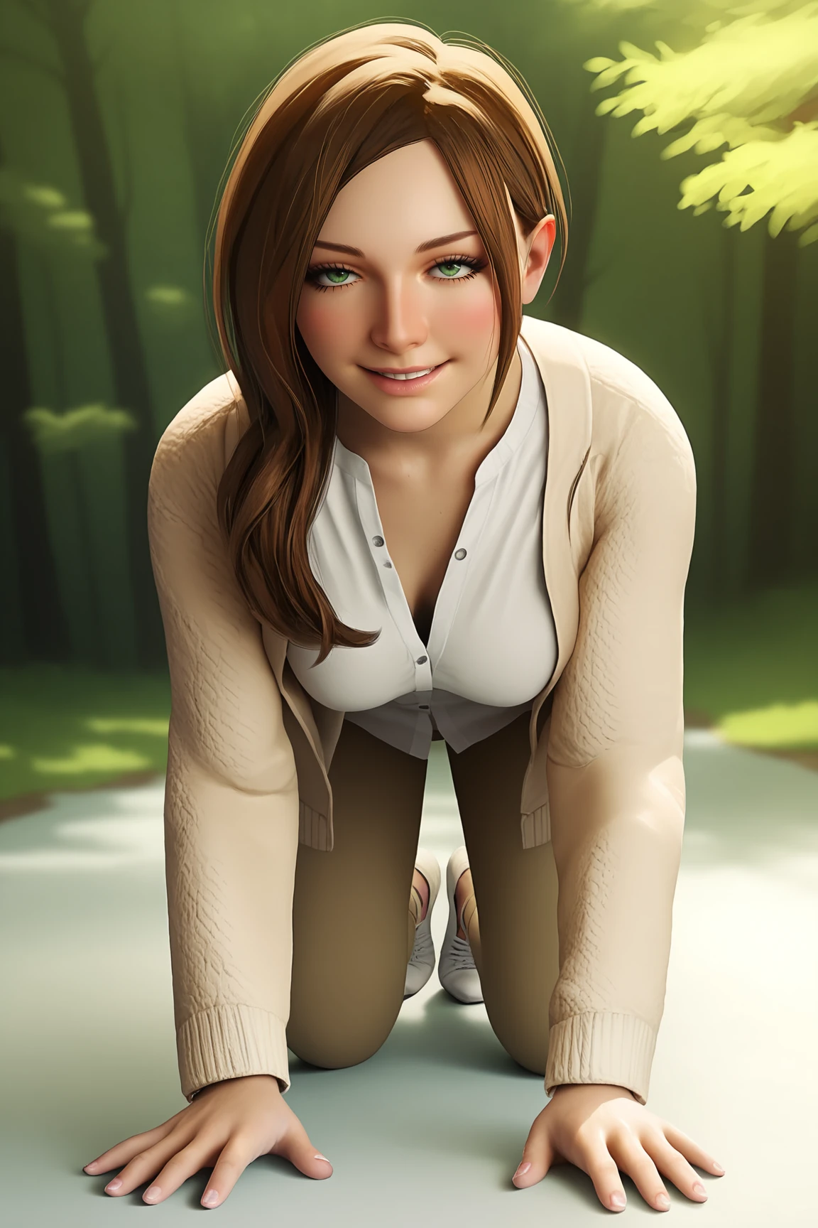 score_9, score_8_up, score_7_up, score_6_up, BREAK, MiaWintersRE7PXL, green eyes, brown hair, long hair, medium breasts, realistic, open jacket, jacket, white shirt, pants, white shoes, solo, full body, all fours, seductive smile, looking at viewer, naughty face, nose blush, forest <lora:MiaWintersRE7PXL:1>