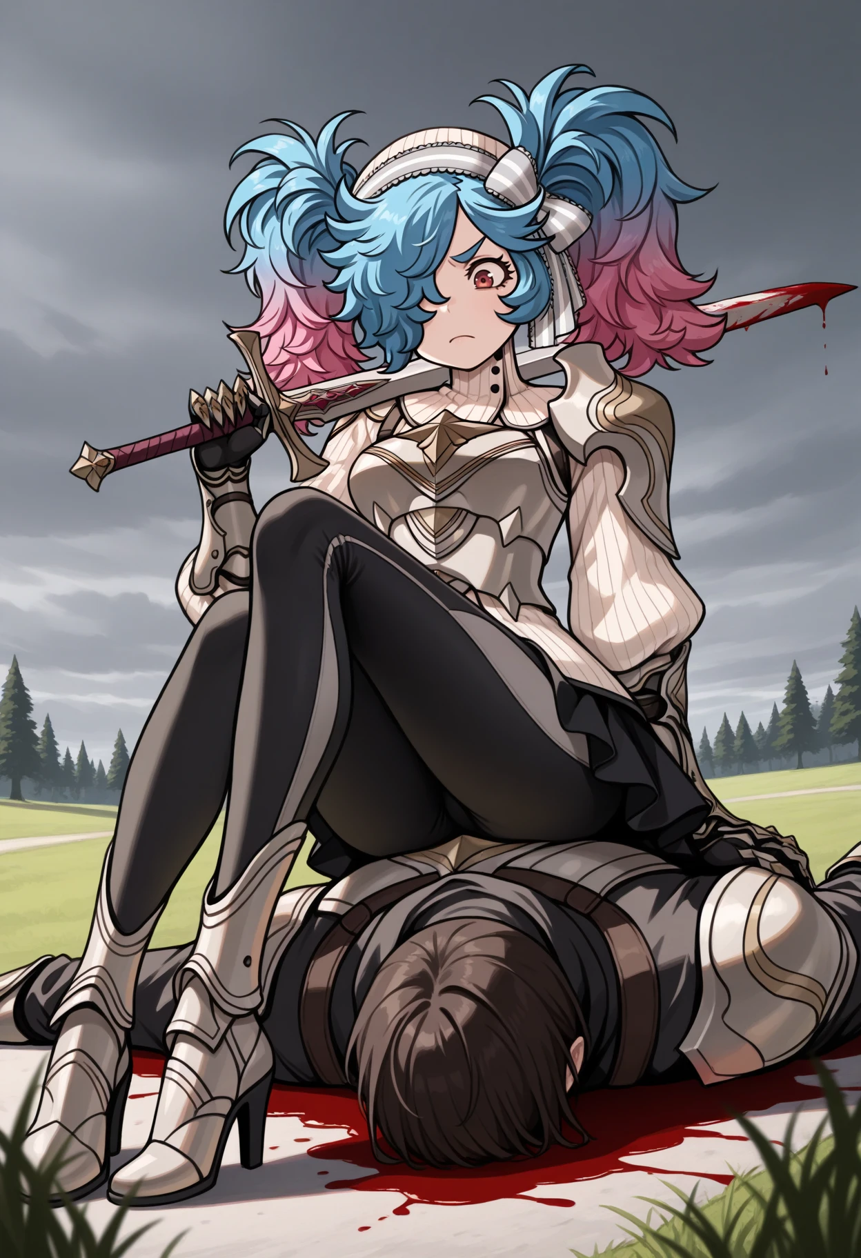 masterpiece, best quality, 1girl, sitting, knee up, annoyed, sitting on person, corpse, holding sword, blood on weapon, weapon over shoulder, blood on ground, <lora:PeriFE-illu:1> peri, gradient hair, blue hair, pink hair, twintails, hair over one eye, red eyes, bonnet, striped hair bow, turtleneck, breastplate, shoulder armor, puffy sleeves, gauntlets, black skirt, miniskirt, black pants, yoga pants, high heel boots, ankle boots, armored boots, grass, overcast