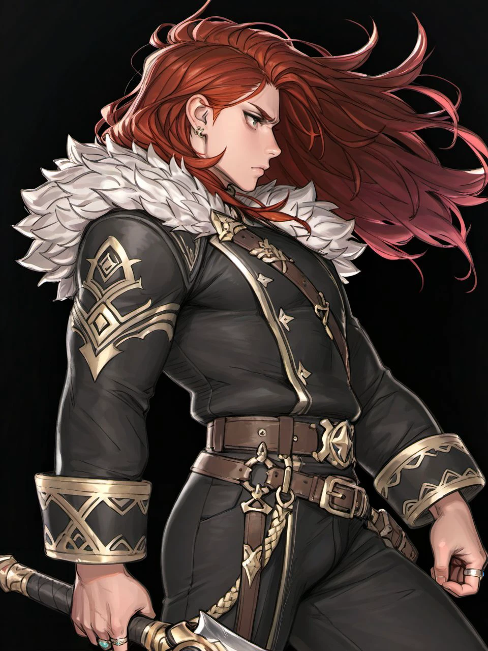 masterpiece, best quality, amazing quality, very aesthetic, high resolution, sketch,
kdmstyle, solo, long hair, 1boy, holding, jewelry, closed mouth, weapon, male focus, red hair, earrings, belt, holding weapon, from side, fur trim, profile, ring, black background,
<lora:KDM_Card_Art_Style_v4_epoch_7:0.9>,