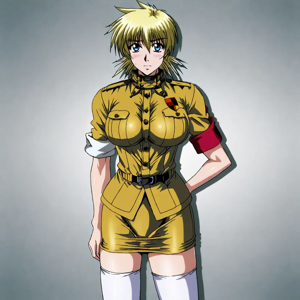 <lora:serahellsing_pony_v1:.8> Sera, 1girl, white thighhighs, blonde hair, blue eyes, pencil skirt, large breasts, military uniform, zettai ryouiki, miniskirt, sleeves rolled up, short hair, impossible clothes, cowboy shot