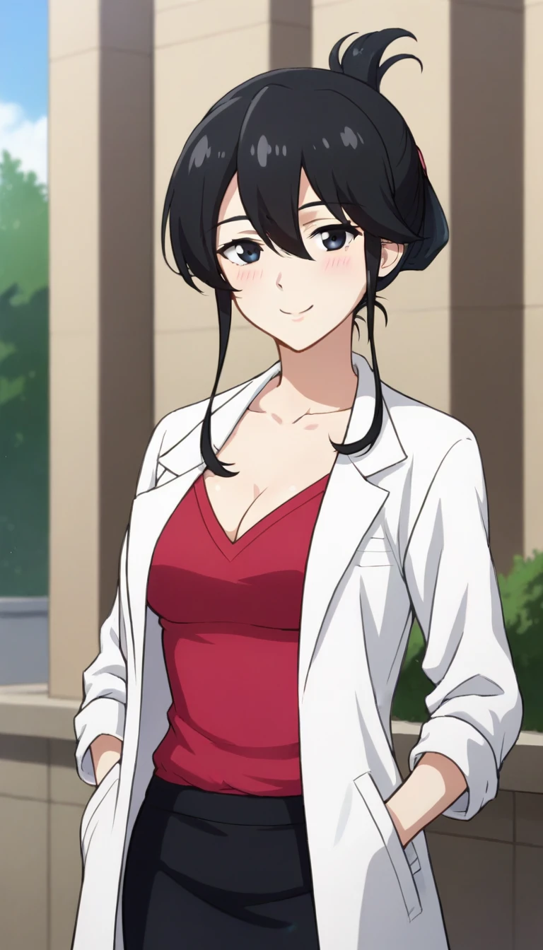 score_9,score_8_up,masterpiece,best quality,correct anatomy,anime_source,1girl,solo,alone,perfect eyes,perfect arms,perfect legs,perfect face,outdoors,upper body,(portrait:1.5),looking at viewer,facing viewer,smile,blush,Female doctor,black hair,long hair,folded ponytail,hair up,sidelocks,hair between eyes,bangs,black eyes,collarbone,labcoat,cleavage,red shirt,long sleeves,hands in pockets,medium breasts,skindentation,miniskirt,pencil skirt,black skirt,black pantyhose,high heels,black footwear,<lora:Female doctor(ek)-Pony:1.2>,