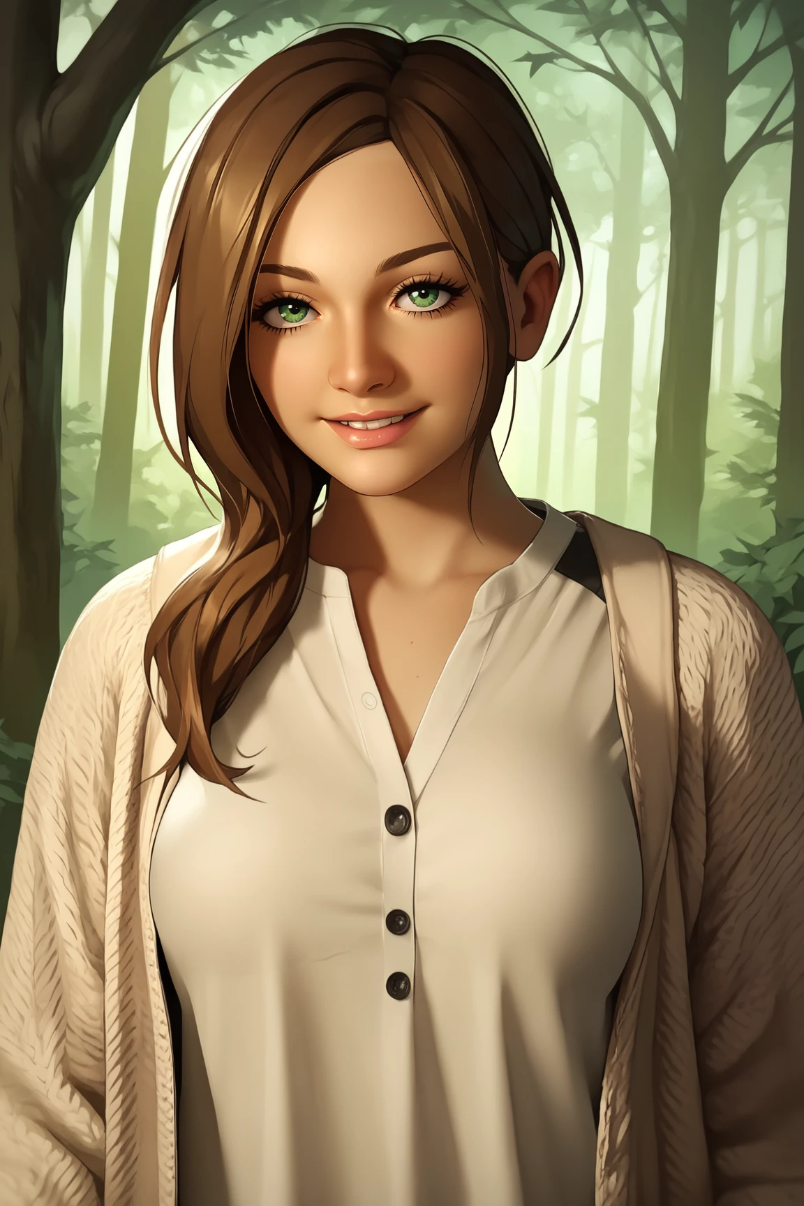 score_9, score_8_up, score_7_up, score_6_up, BREAK, MiaWintersRE7PXL, green eyes, brown hair, long hair, medium breasts, open jacket, jacket, white shirt, solo, front view, (portrait, upper body), solo focus, seductive smile, looking at viewer, forest <lora:MiaWintersRE7PXL:1>