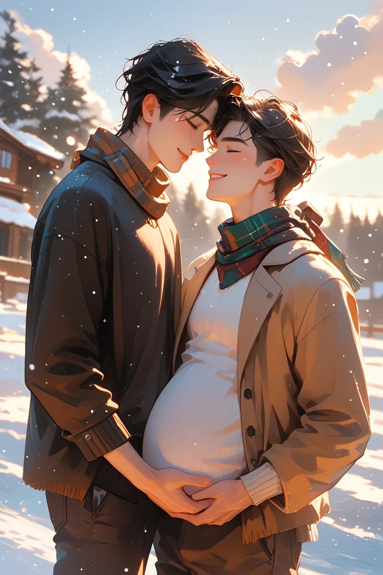 score_9, score_8_up, score_7_up, source_anime, rating_safe, realistic shading, natural lighting, gay couple focus, looking at another, expressive face, smiling, DaPREGNANT, black hair, short hair, closed eyes, 1pregnant male, 2boys, shiny skin, hand on pregnant belly, shirt, turtleneck, scarf, romantic, outdoors, snow, snowing, water, cloud, cloudy sky, dutch angle, dynamic angle, intricately detailed illustration, depth of field, masterpiece, best quality, amazing quality, very aesthetic, absurdres, newest