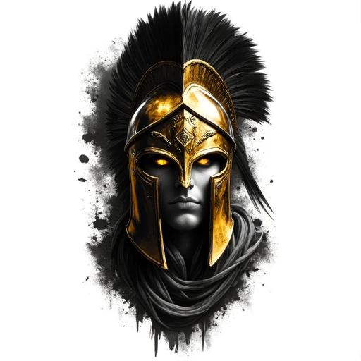 GrayscaleColorPop, tattoo flash art, tattoo design The image is a digital drawing with a stylized, high-contrast monochromatic color scheme, featuring a dramatic, heroic figure. The central subject is a stylized, classical warrior's head, depicted in a highly detailed, almost 3D-rendered style. The figure wears a gleaming, metallic gold helmet adorned with intricate, raised patterns and a feathered crest. The helmet covers the face, leaving only the eyes visible, which are depicted with a serene, almost ethereal glow. Greyscale only with vibrant Gold. White background. GrayscaleColorPop style