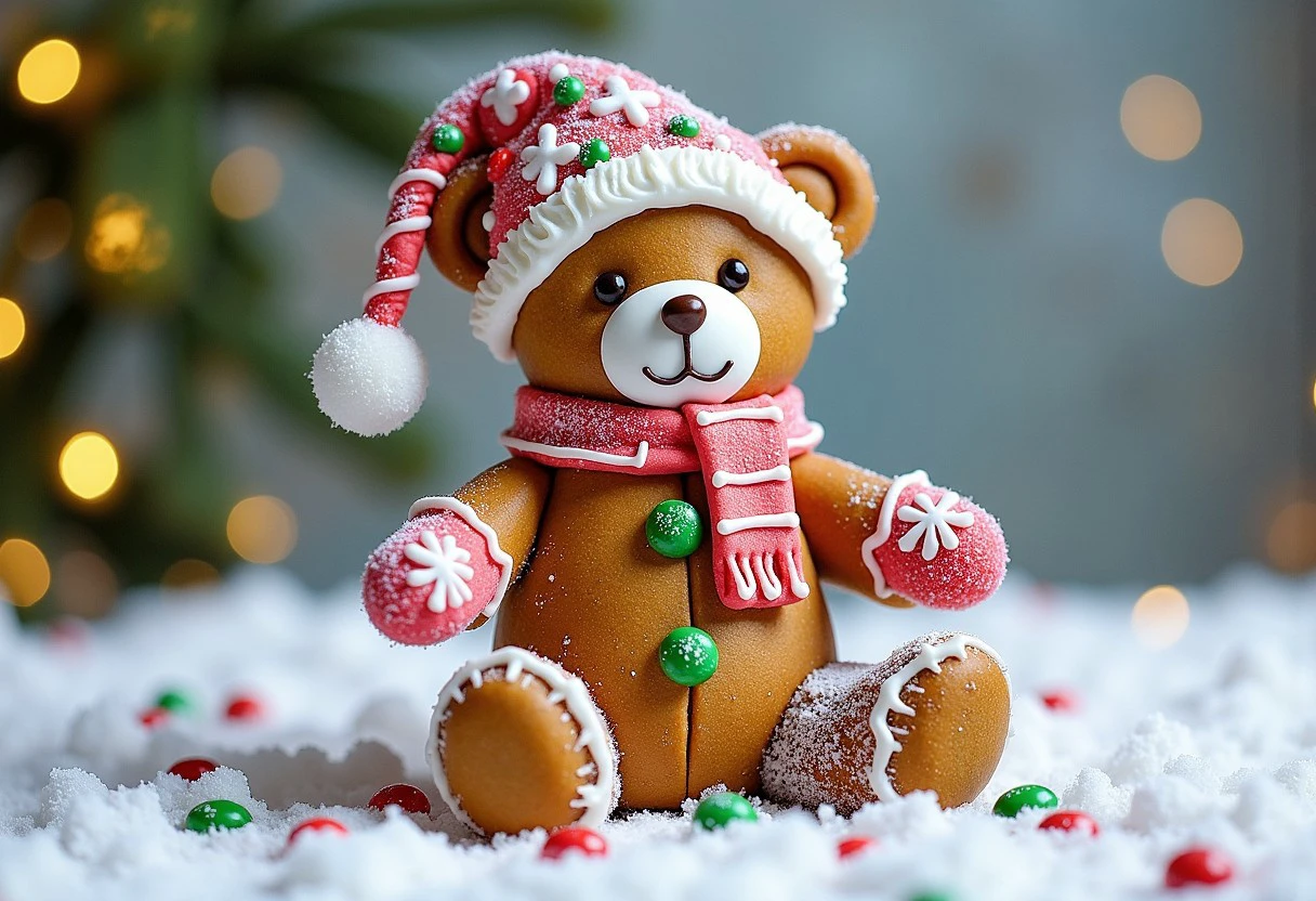 Teddy bear has a characteristic plush shape, with a rounded head, short paws and large ears. His body should be small to match the size of a gingerbread cookie. The main color of the bear is warm brown, reminiscent of the color of gingerbread dough. You can add lighter or darker shades to create texture and volume..