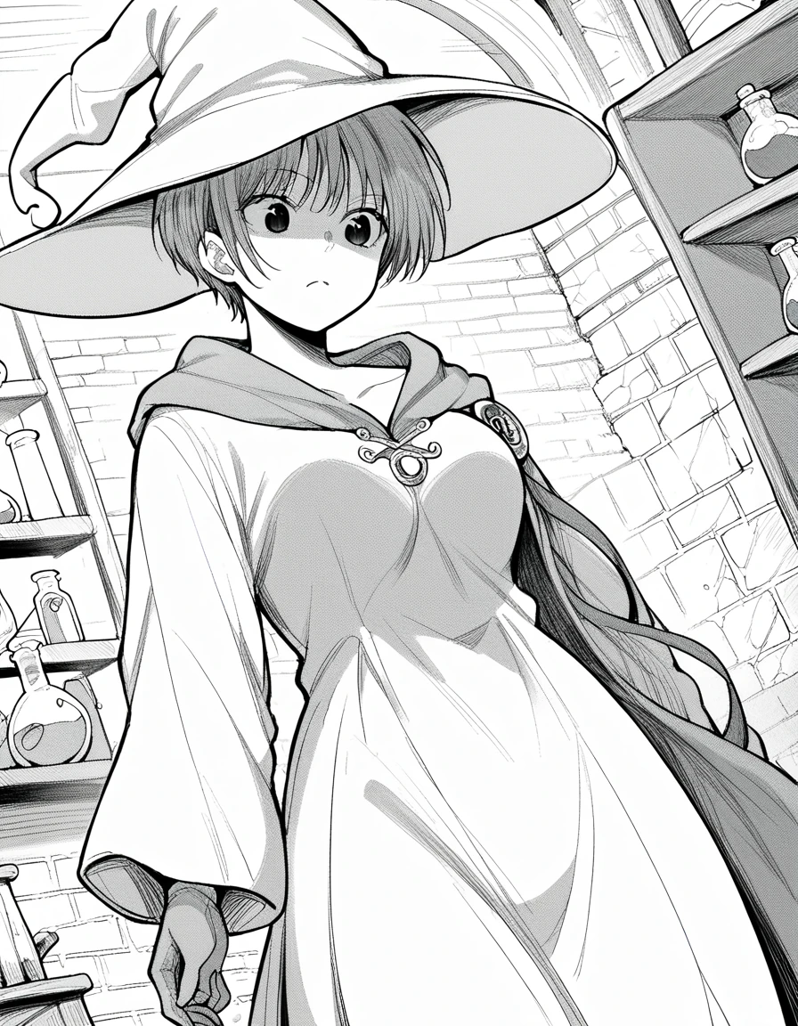 score_9, score_8_up, score_7_up, source_anime, <lora:tomo-nanba-manga-ponyxl-lora-nochekaiser:1>, tomo nanba, short hair, medium breasts, monochrome, greyscale,, <lora:wizard-ponyxl-lora-nochekaiser:1>, wizard, wizard hat, robe, dress, long sleeves, gloves,, indoors, bricks, potion, flask, vial,, cowboy shot,, , dutch angle, cowboy shot