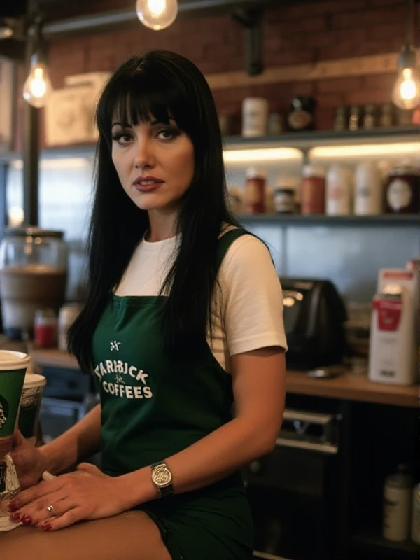 <lora:Jenna Fine:0.9> jenna fine,a woman with long black hair wears a starbucks uniform. She serves coffee in a starbucks