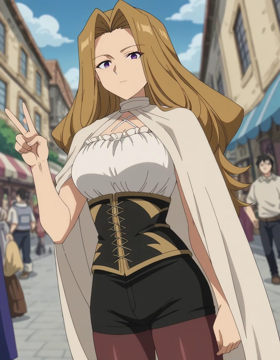 score_9, score_8_up, score_7_up, source_anime, <lora:methode-s1-ponyxl-lora-nochekaiser:1>, methode, long hair, brown hair, purple eyes, hair intakes, large breasts, anime screencap, pantyhose, shorts, cape, black shorts, corset, collarbone, frills,, street market, vendor, street food, bustling crowd, local flavor, vibrant, , v,, looking at viewer, solo,, dutch angle, cowboy shot