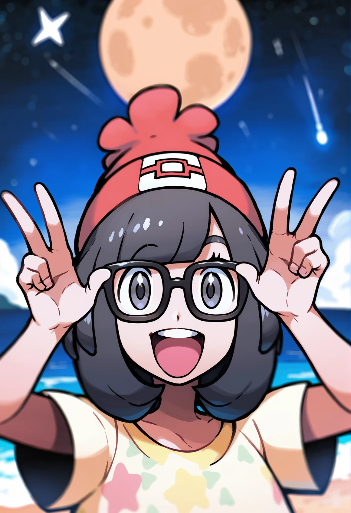 score_9,score_8_up,score_7_up,
<lora:selene:1>,eneles,
1girl,solo,
black hair,short hair,bangs,
grey eyes,looking at viewer,open smile,
black glasses,
red beanie,yellow short sleeves shirt,
portrait, v pose in front of eyes,
blurry background,vignetting,outdoors,beach,night,starry sky,full moon,shooting star,light particles,